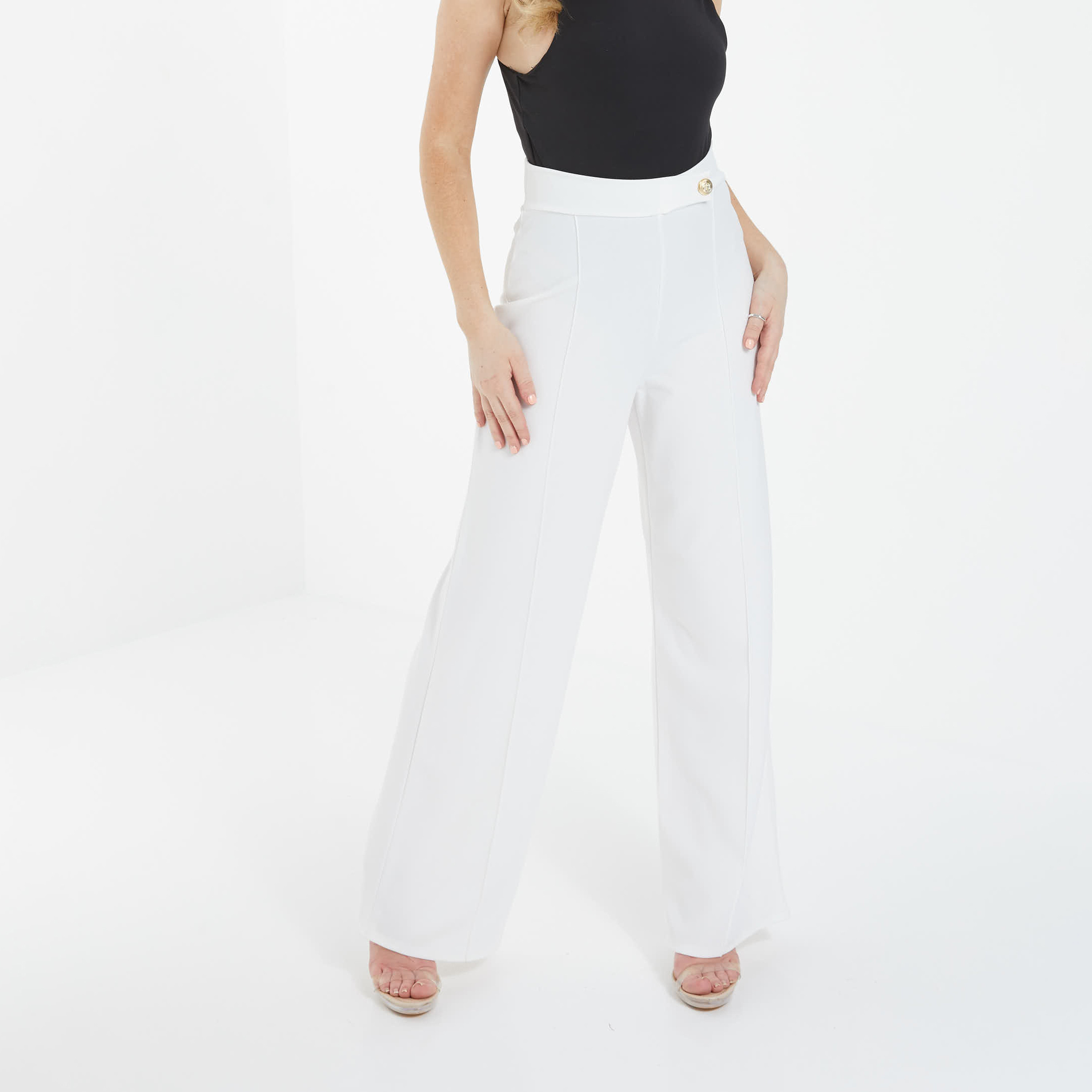 بنطلون مع واسع الساق من كويز نسائي ابیض سادة بعالي الخصر-women-clothing-bottoms-trousers-image-1