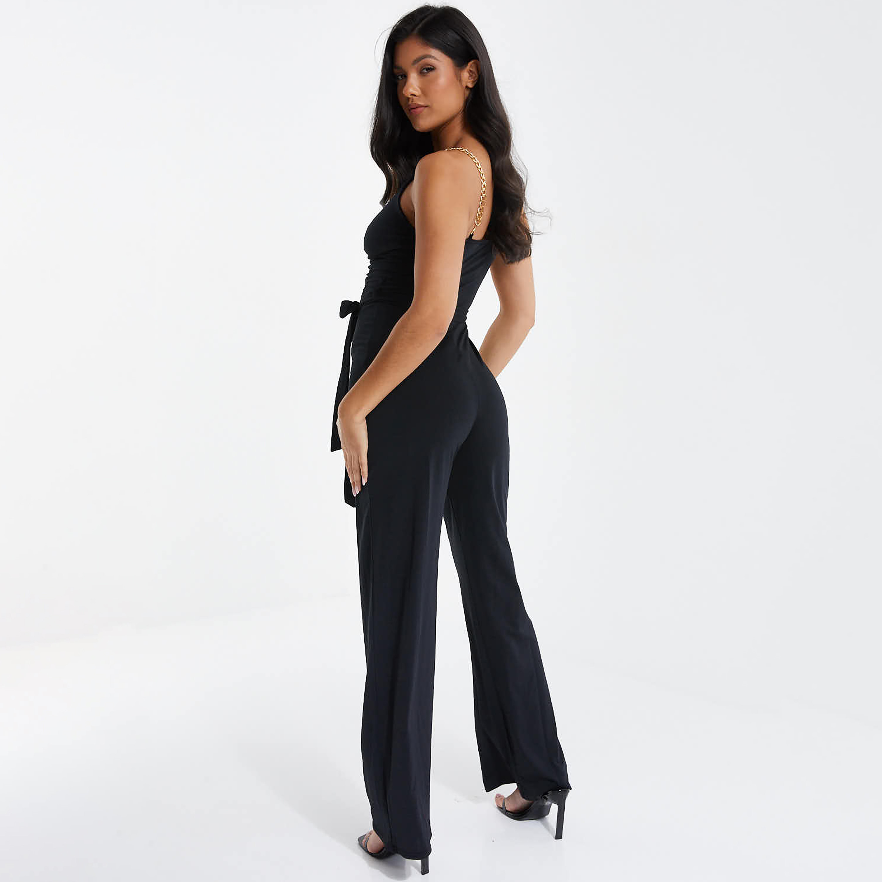 جمبسوت نسائي اسود سادة بحزام ربط بدون أكتاف من كويز-women-clothing-jumpsuits-image-2
