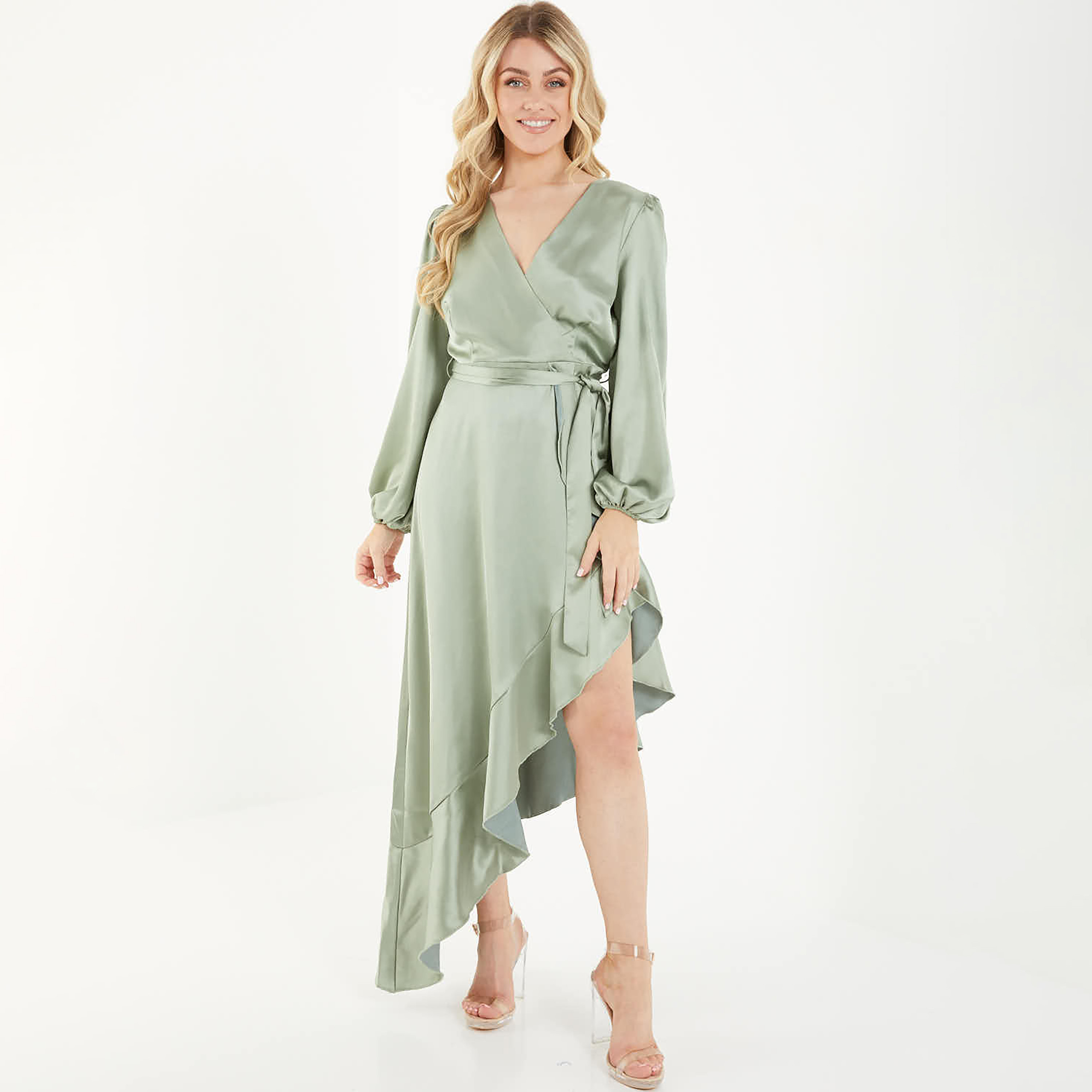 Quiz Plain V-Neck Wrap Asymmetric Midi Dress-women-clothing-dresses-image-1