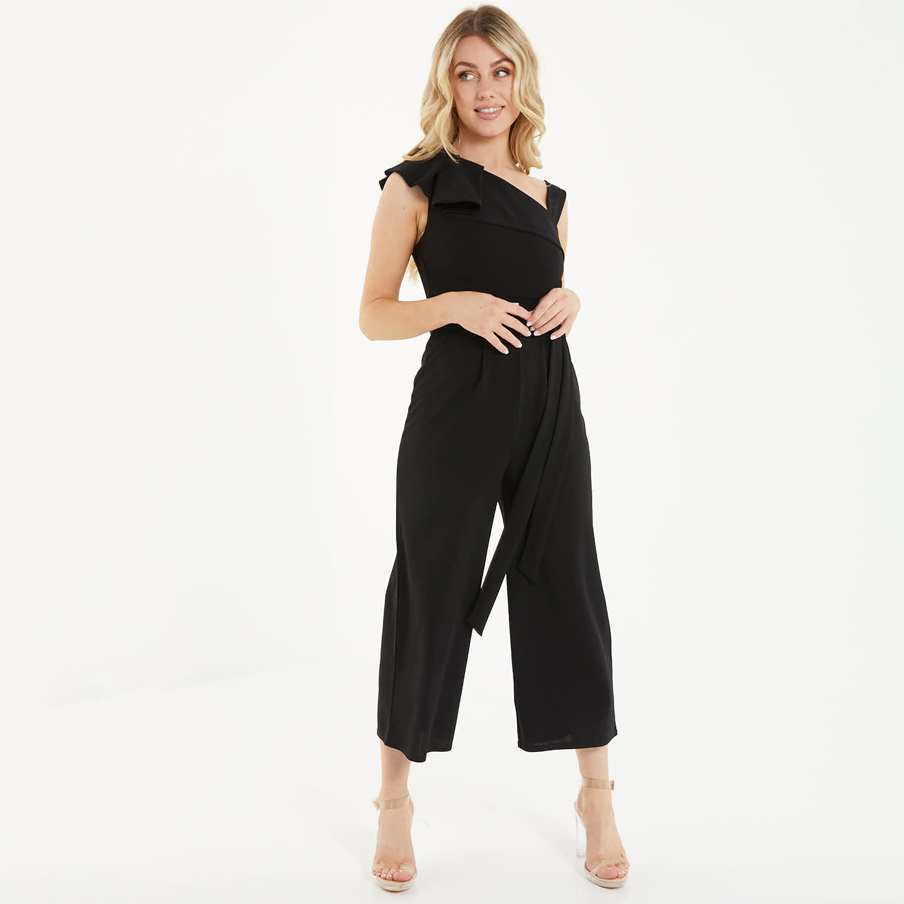 QUIZ Women Black Plain Tie Belt Jumpsuit-women-clothing-jumpsuits-image-1