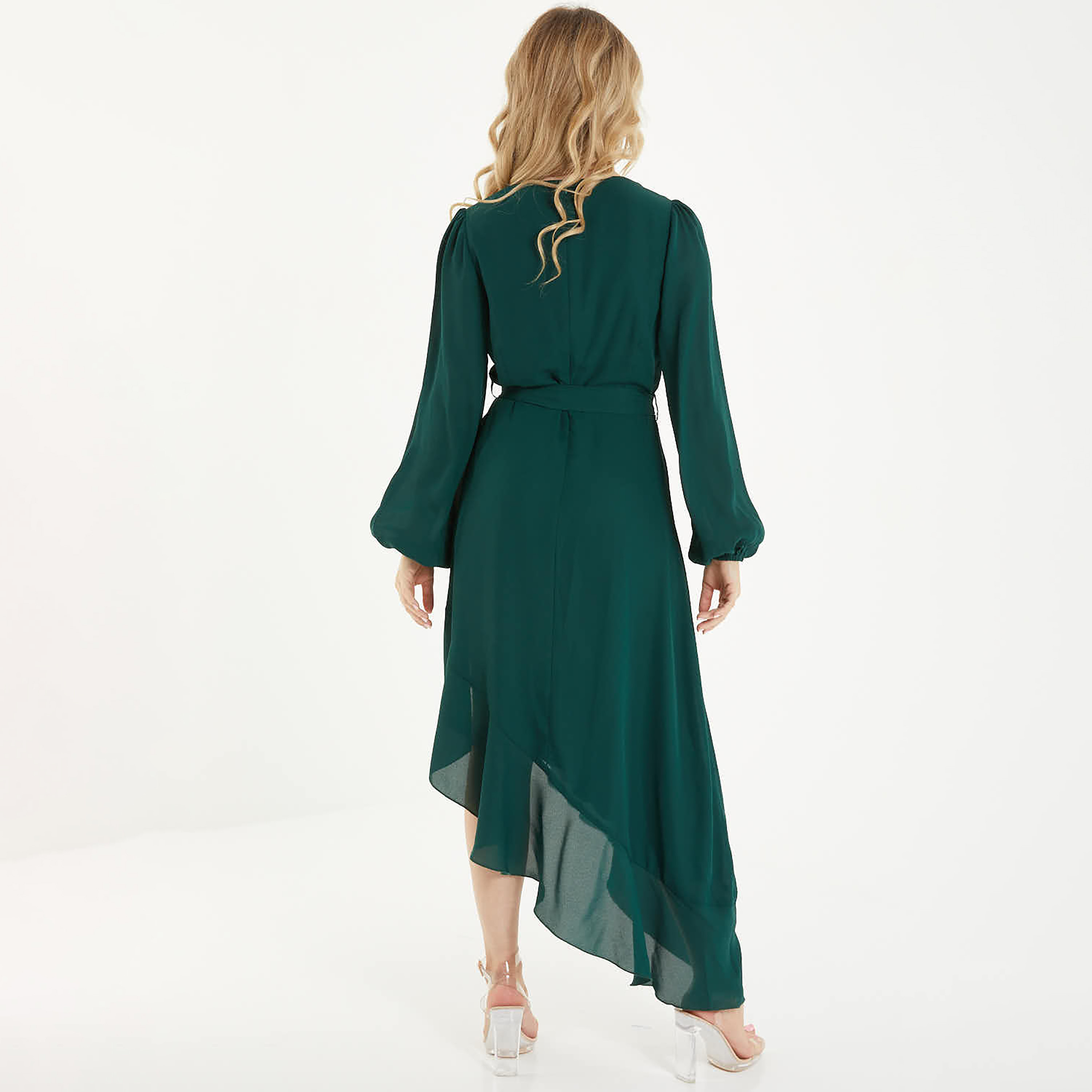 فستان متوسط الطول سادة ملفوف برقبة على شكل حرف V من كويز-women-clothing-dresses-image-4