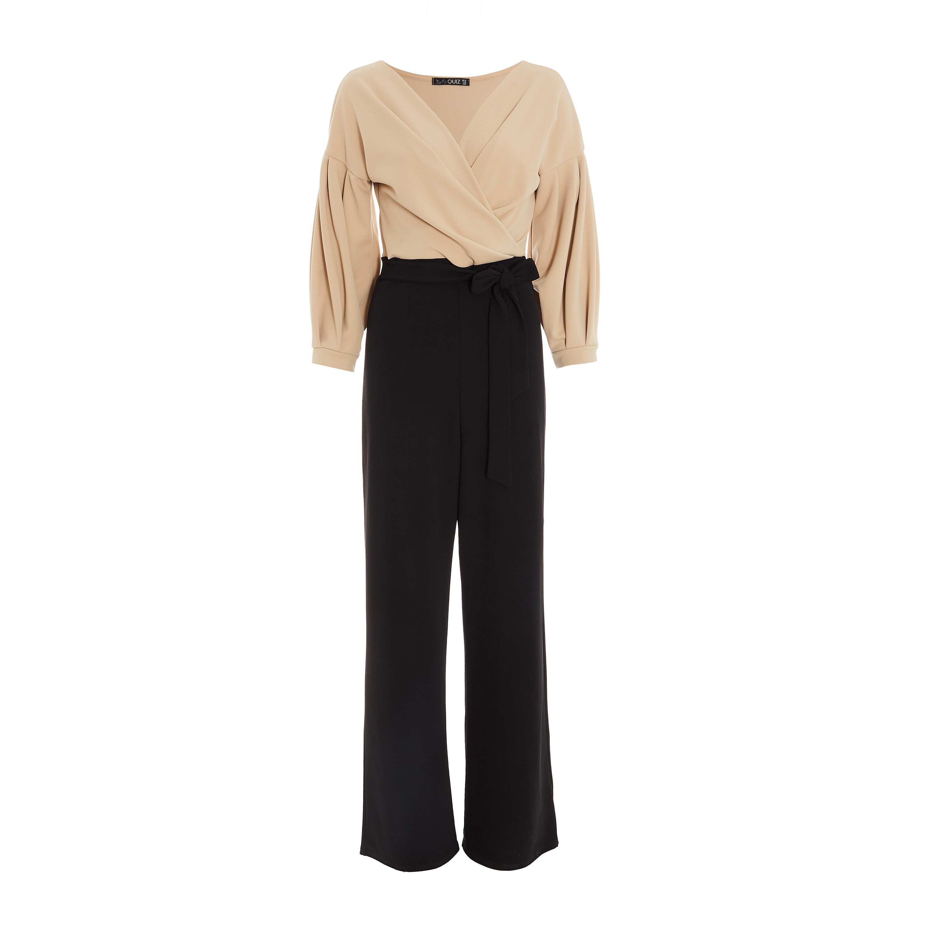 جمبسوت بأرجل واسعة وحزام مربوط مزين باللونين البيج والأسود من كويز للسيدات-women-clothing-jumpsuits-image-4