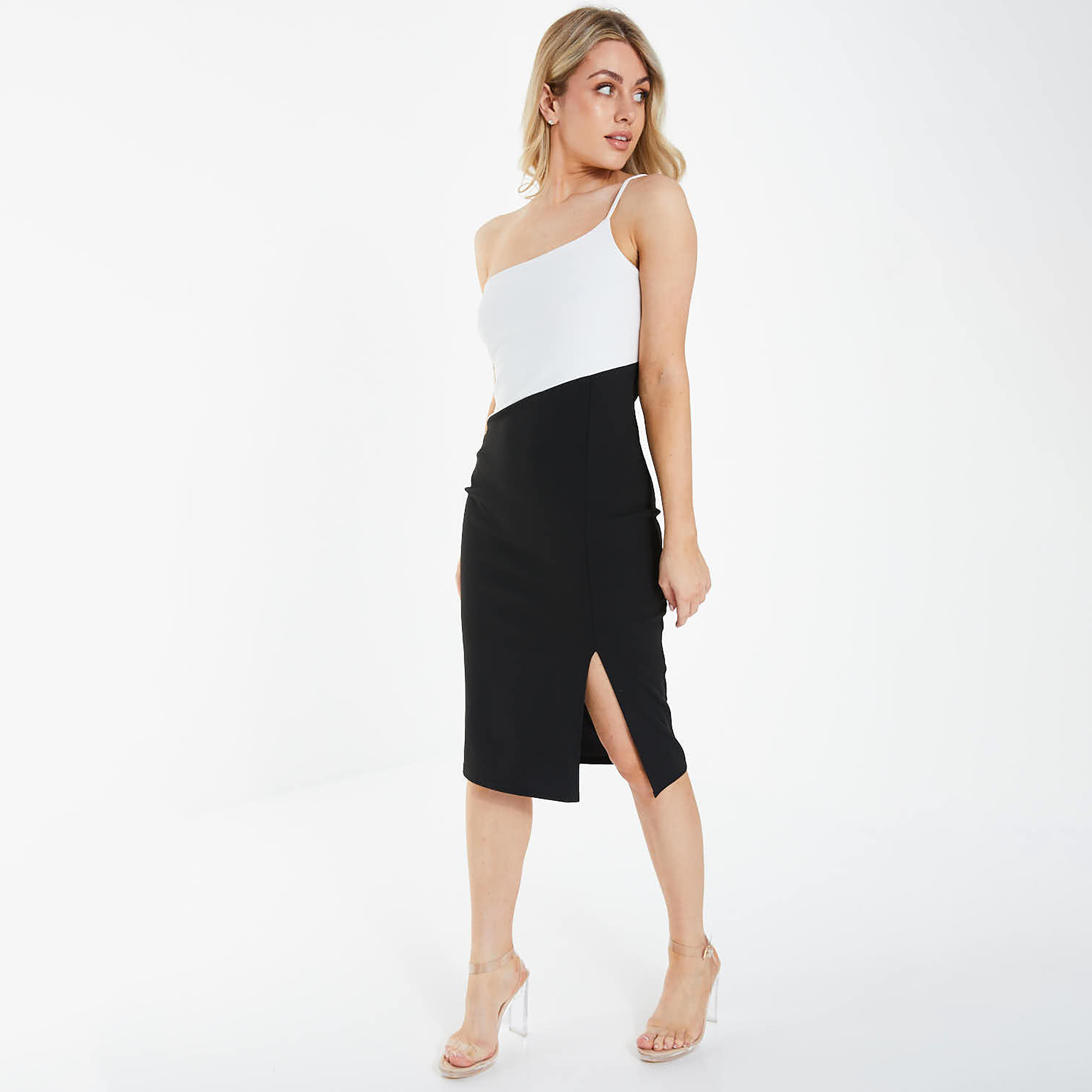 QUIZ Women White & Black Colour Blocked One Shoulder Midi Dress-women-clothing-dresses-image-3