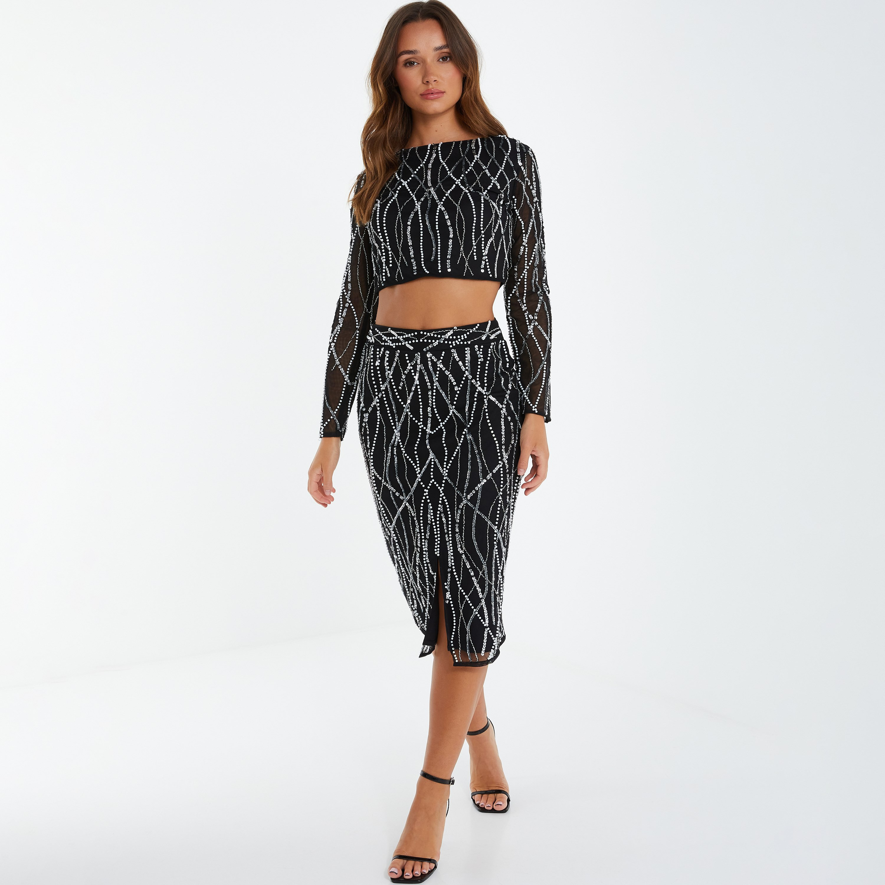 كويز - بلوزة قصيرة بياقة مستديرة وأكمام طويلة - مزين-women-clothing-shirtsandblouses-blouses-image-2