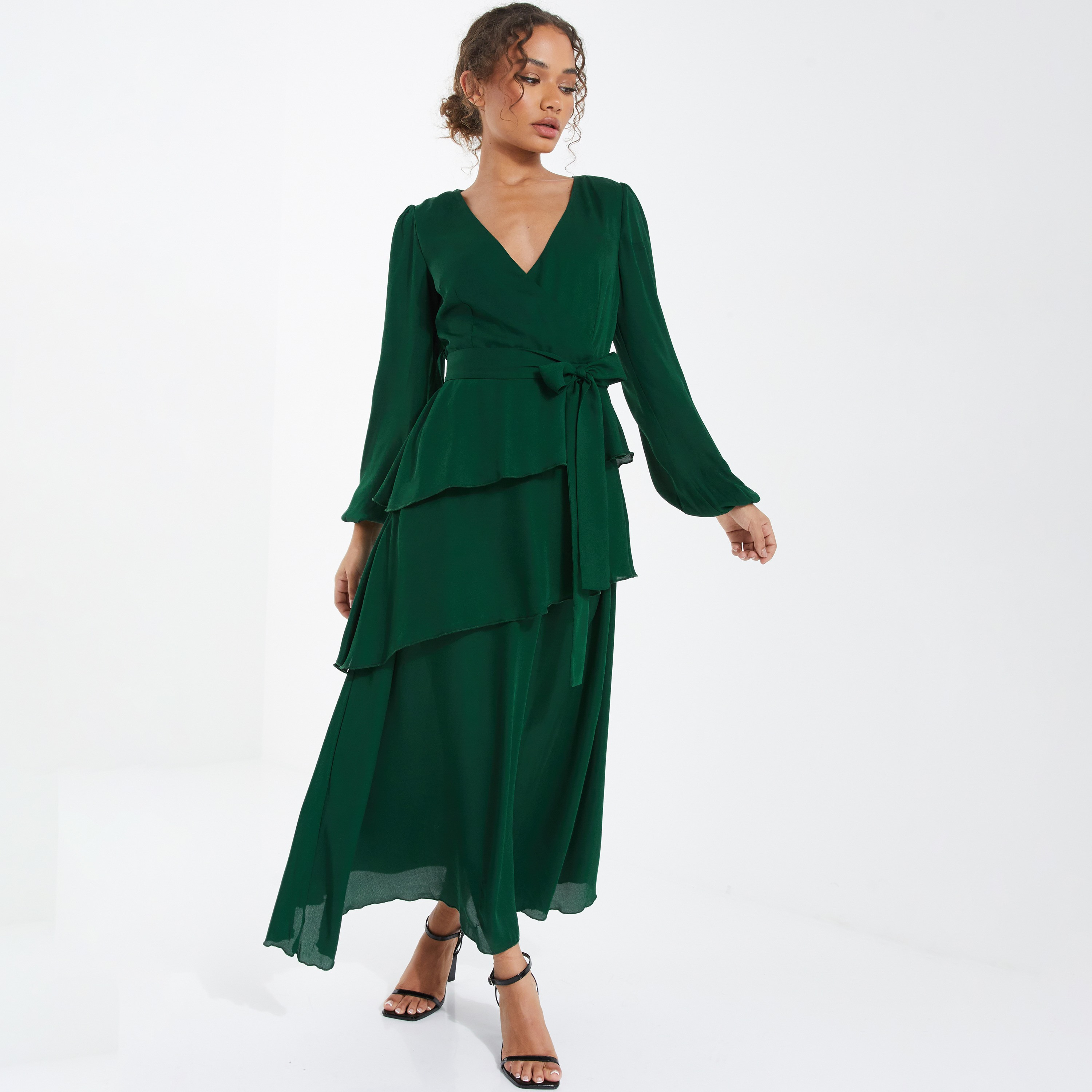 فستان ماكسي سادة ملفوف بفتحة رقبة على شكل حرف V من كويز-women-clothing-dresses-image-1