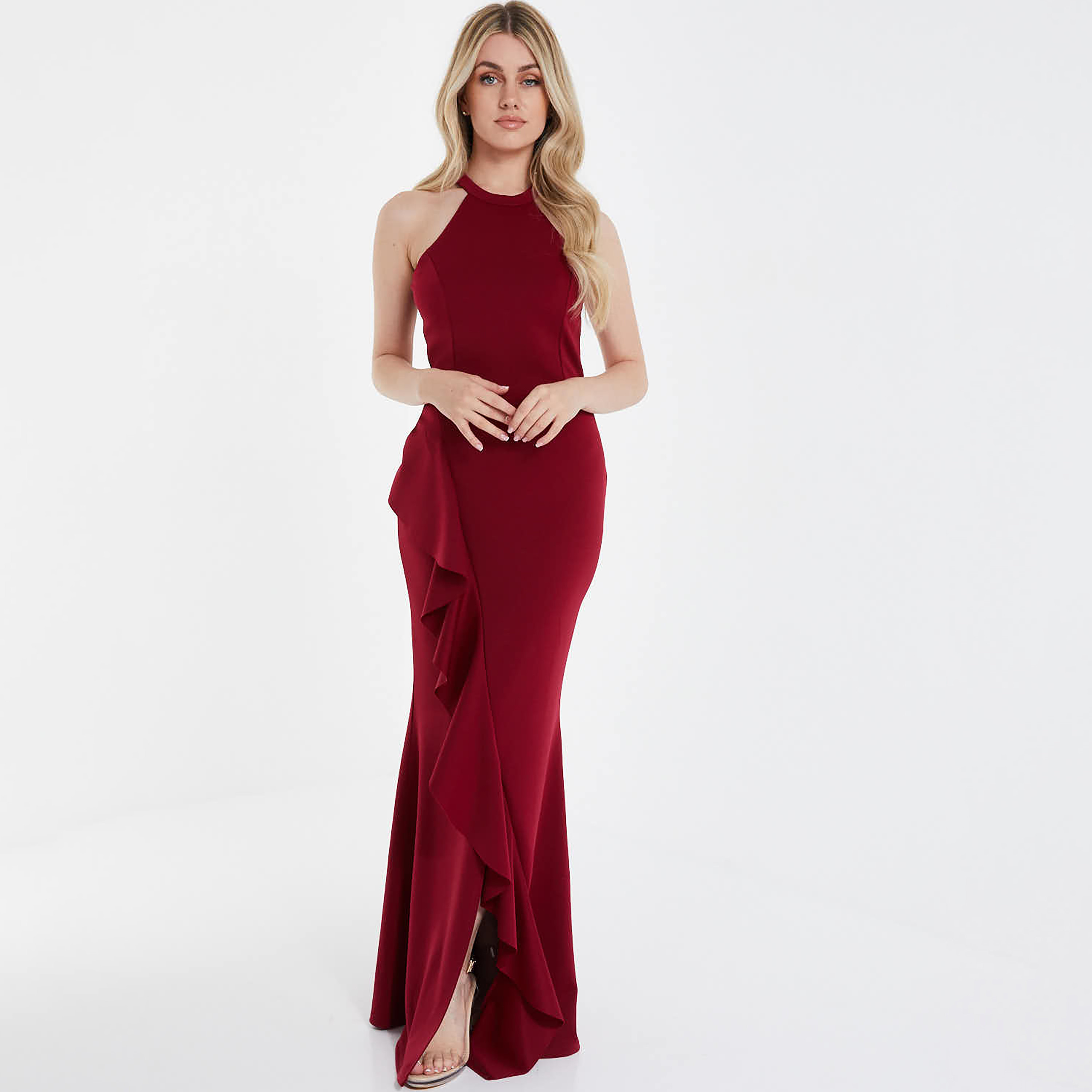 Quiz Ruffle Halter Neck Slit Maxi Dress-women-clothing-dresses-image-1