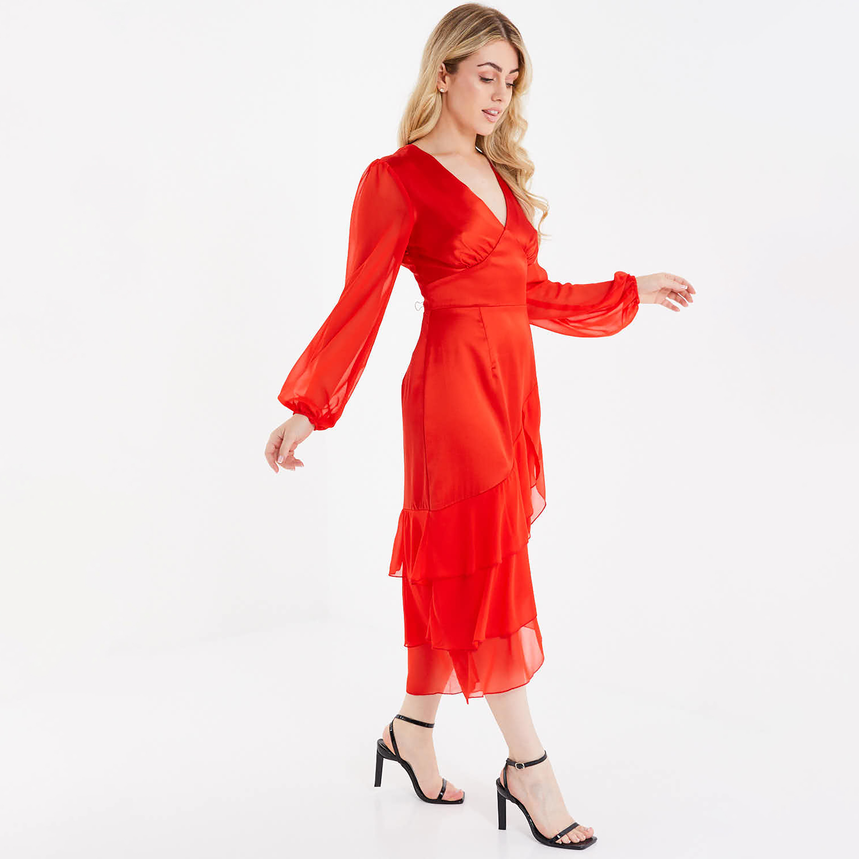 كويز - فستان كشكش بطول متوسط غير متماثل وياقة V-women-clothing-dresses-image-2