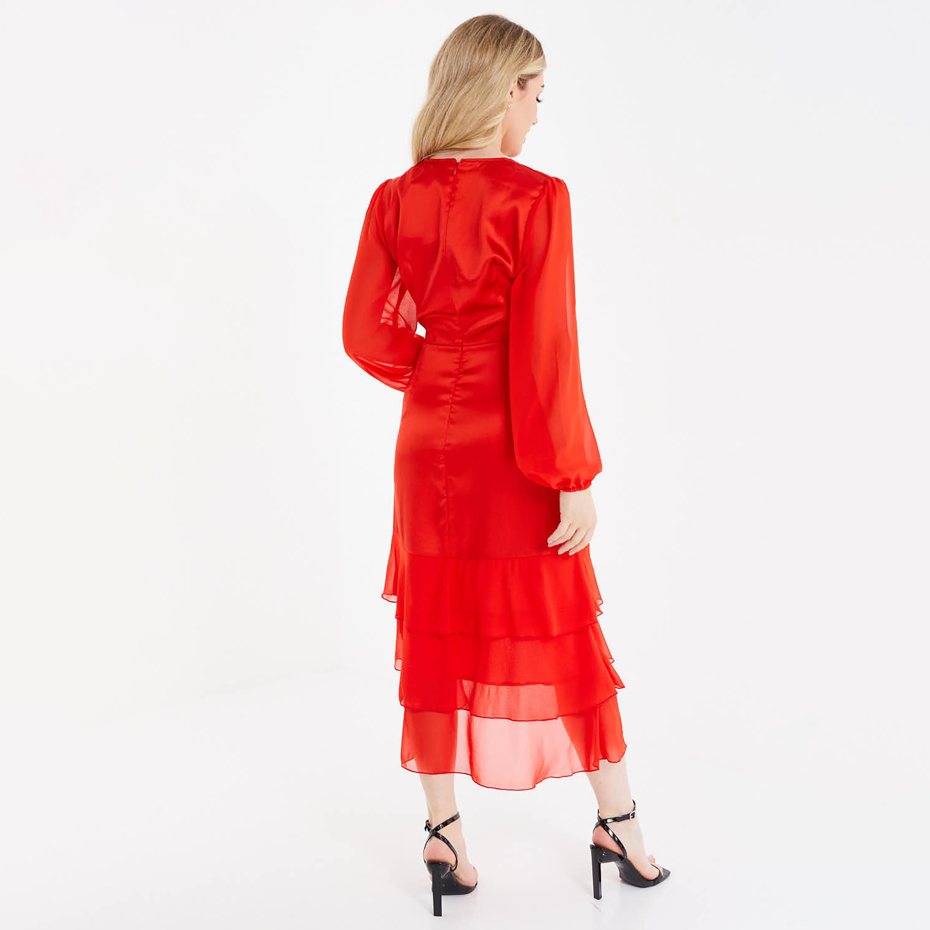 كويز - فستان كشكش بطول متوسط غير متماثل وياقة V-women-clothing-dresses-image-4