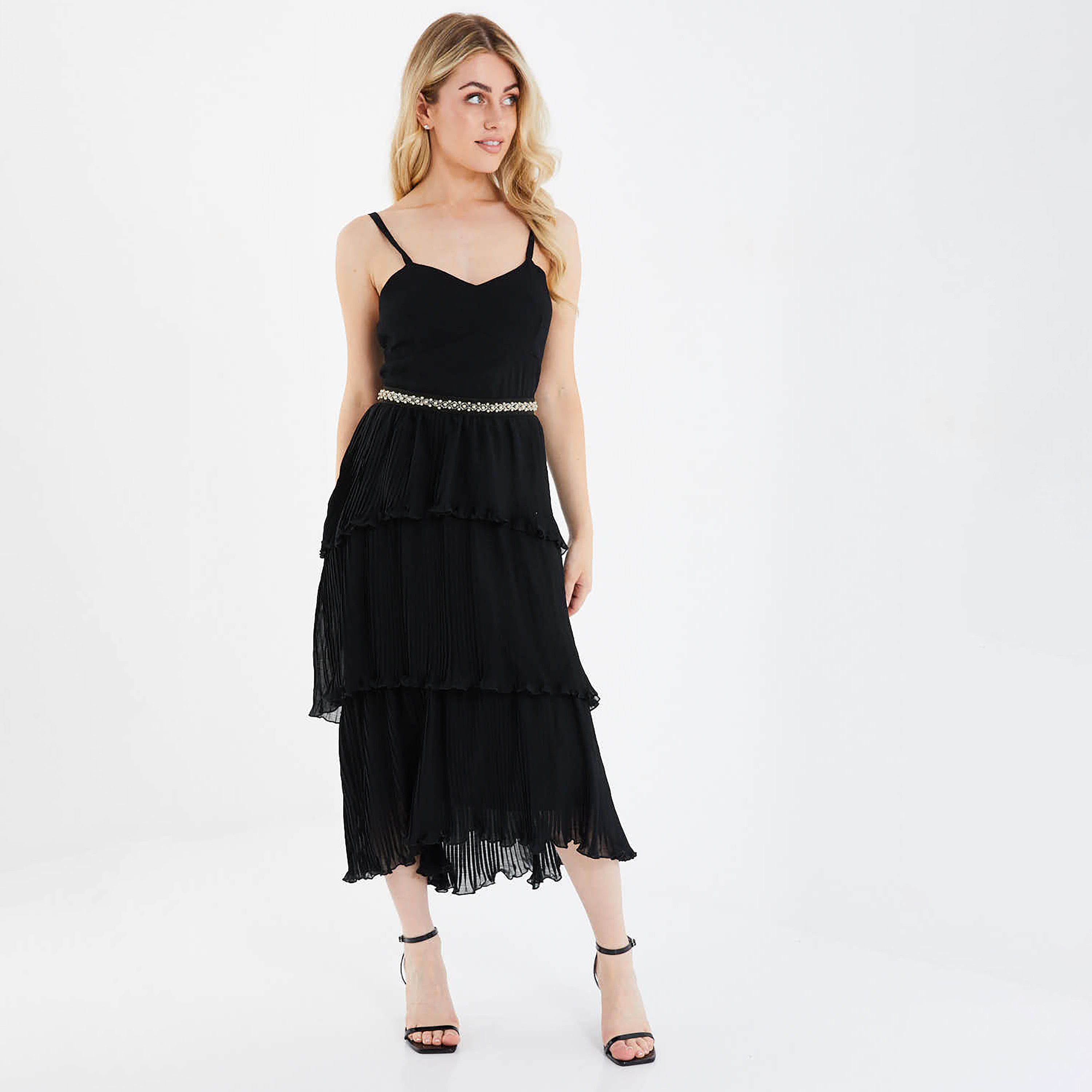 كويز - فستان بطول متوسط سادة بشيالات-women-clothing-dresses-image-2