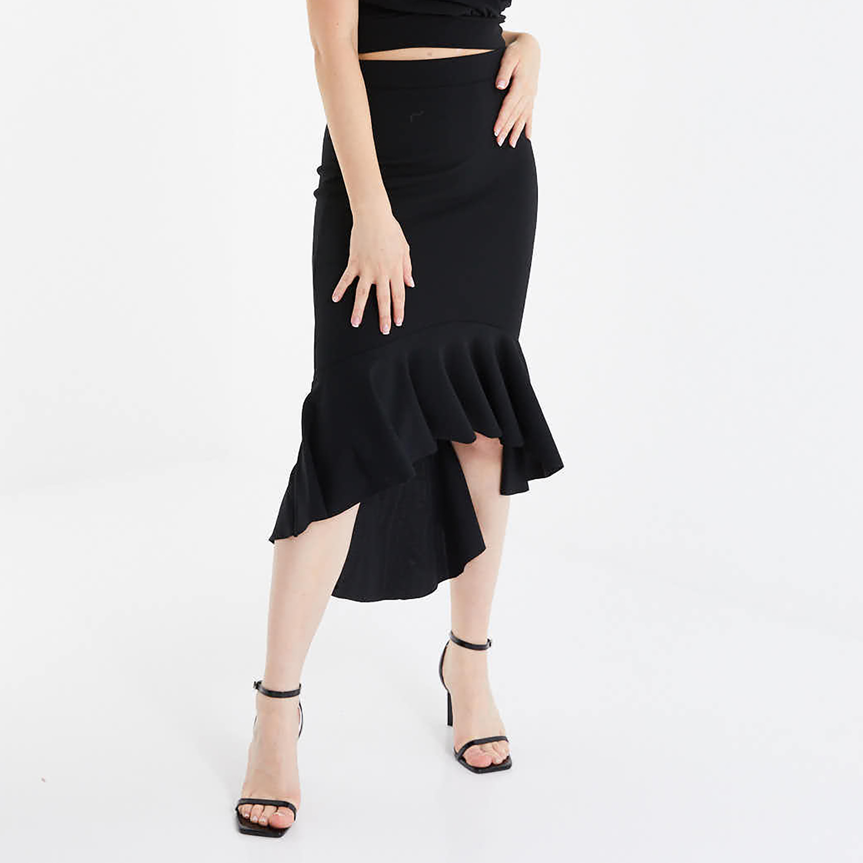 Quiz Plain High Waist Asymmetric Midi Skirt-women-clothing-skirts-image-1