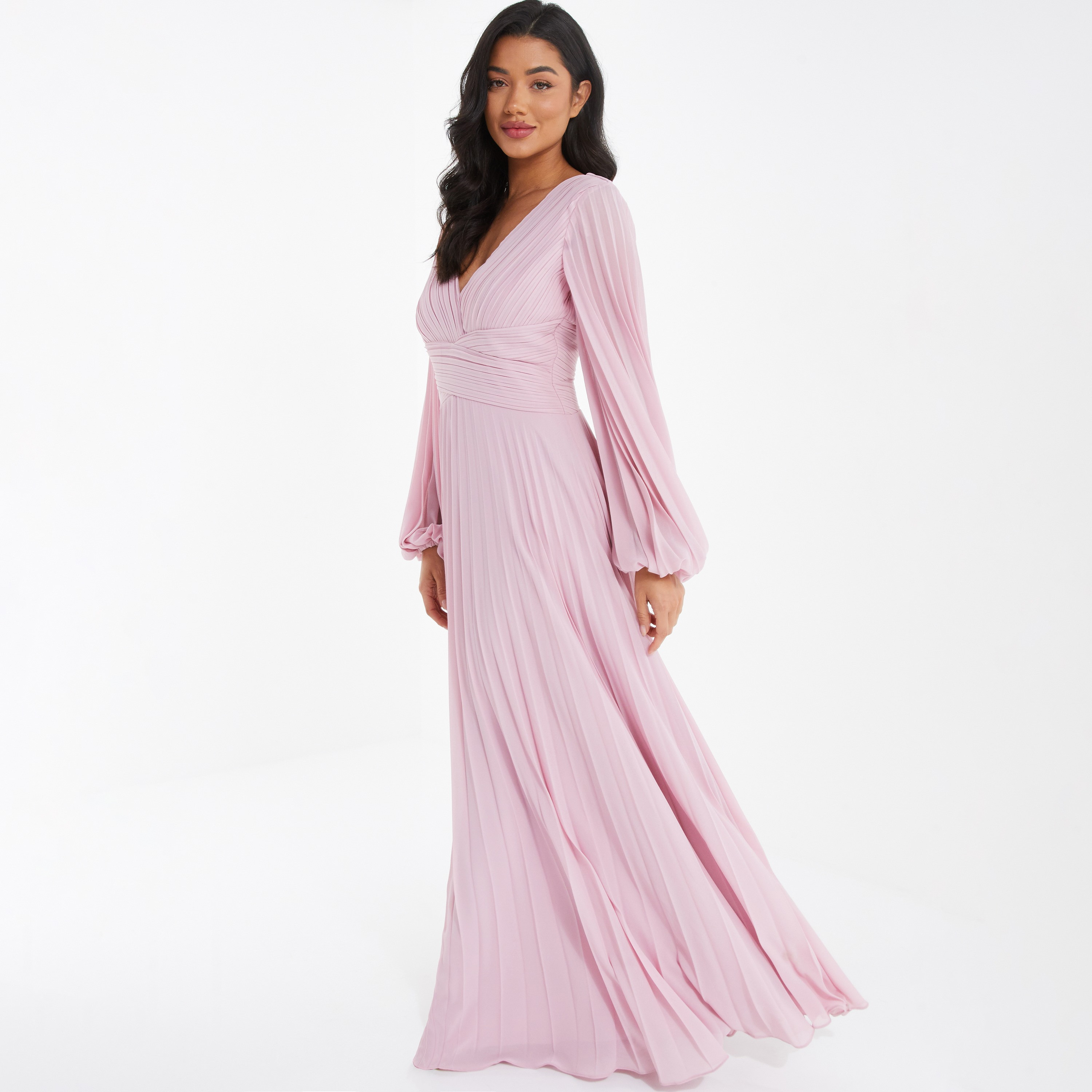  فستان ماكسي مطوي برقبة على شكل فى ذو مطويات من كويز ساتان-women-clothing-dresses-image-1