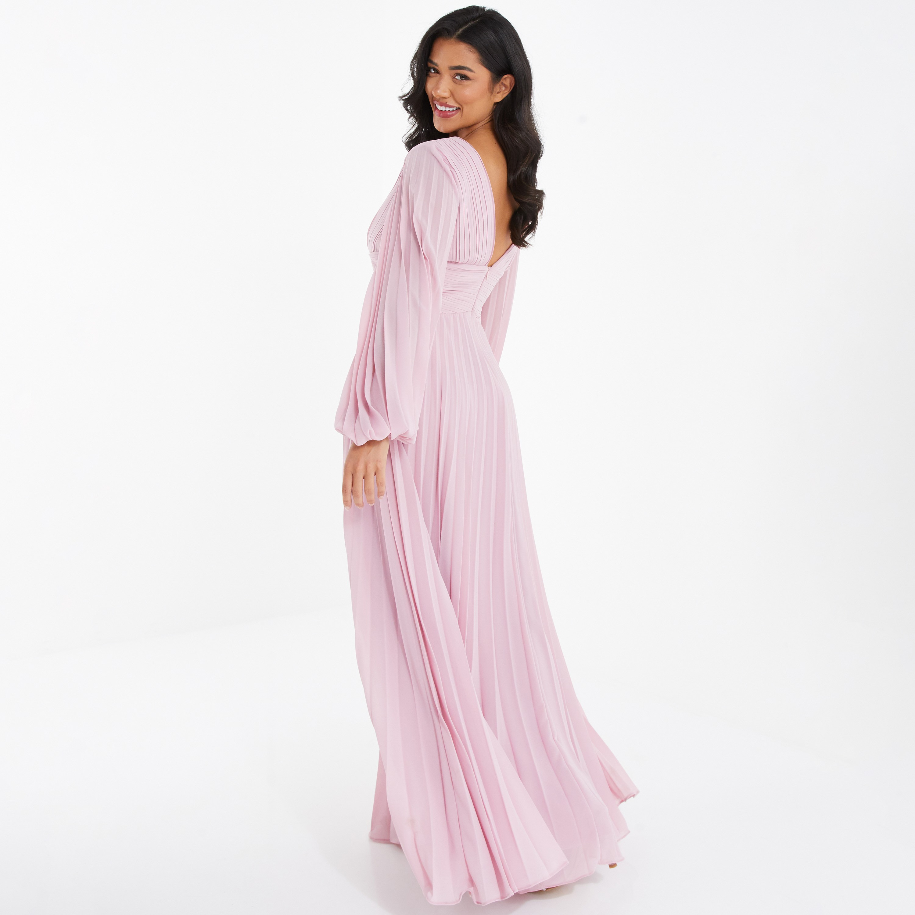  فستان ماكسي مطوي برقبة على شكل فى ذو مطويات من كويز ساتان-women-clothing-dresses-image-2