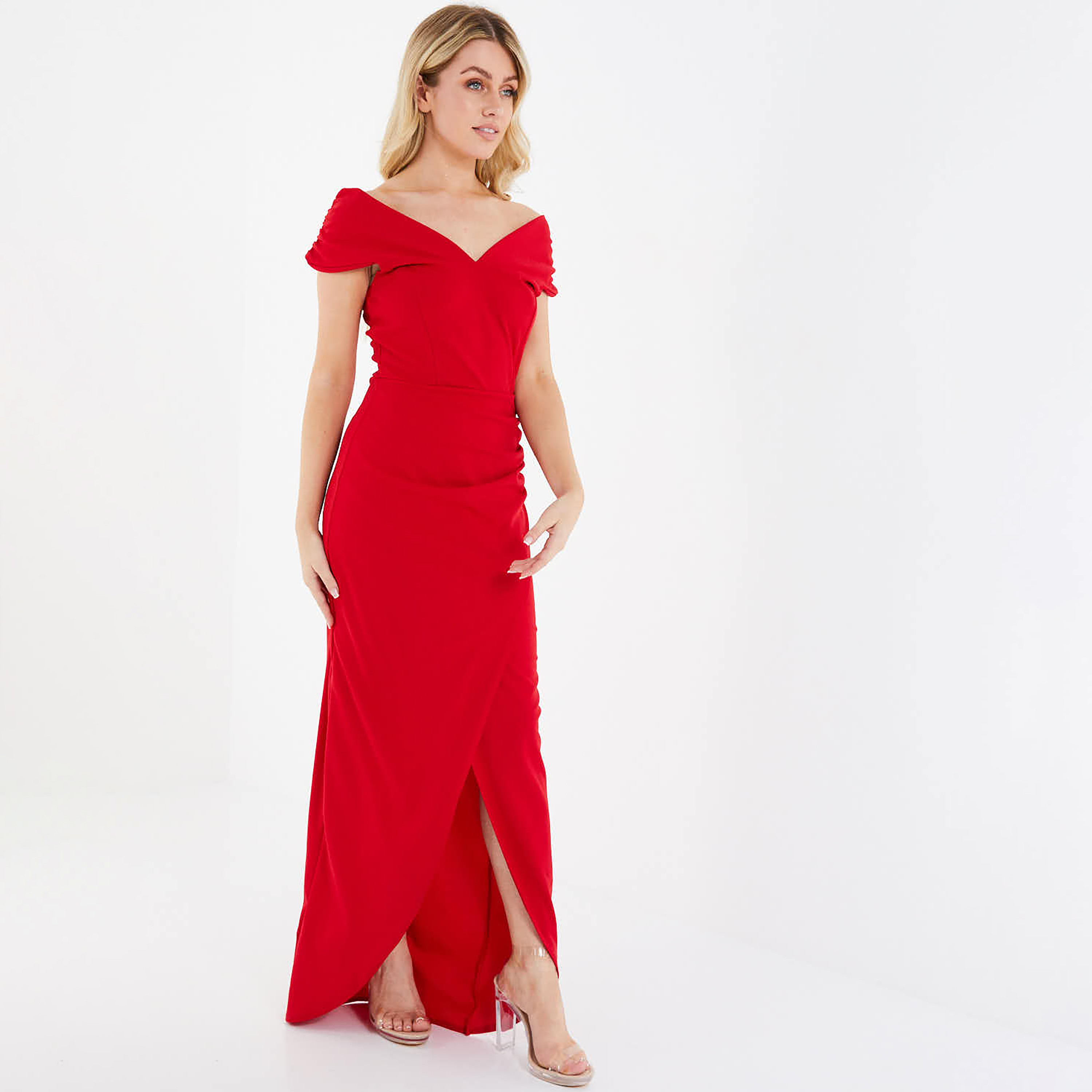 كويز - فستان ماكسي بياقة باردو أكتاف مشكوفة - سادة-women-clothing-dresses-image-1
