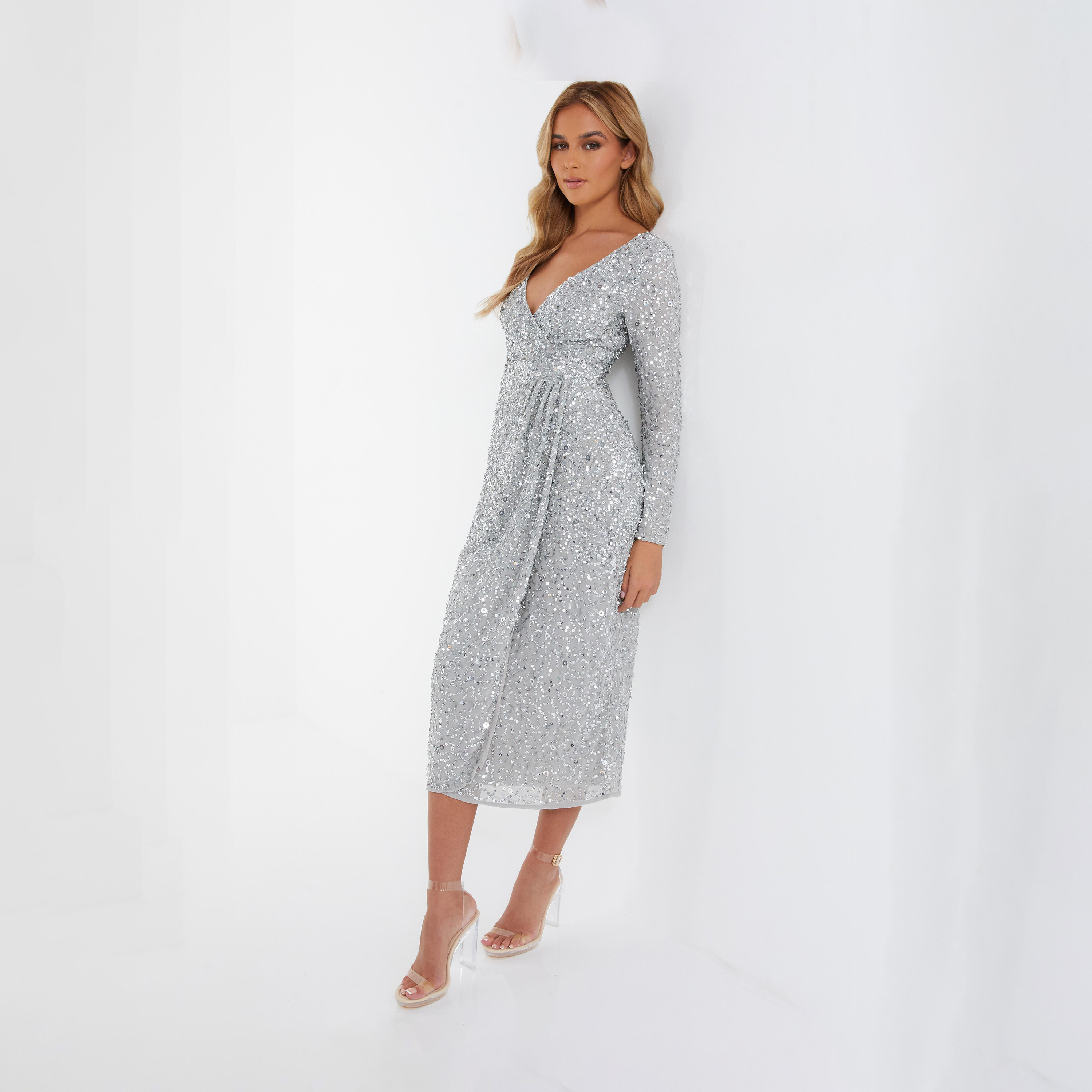 Quiz Grey Sequin Long Sleeve Wrap Midi Evening Dress-women-clothing-dresses-image-3