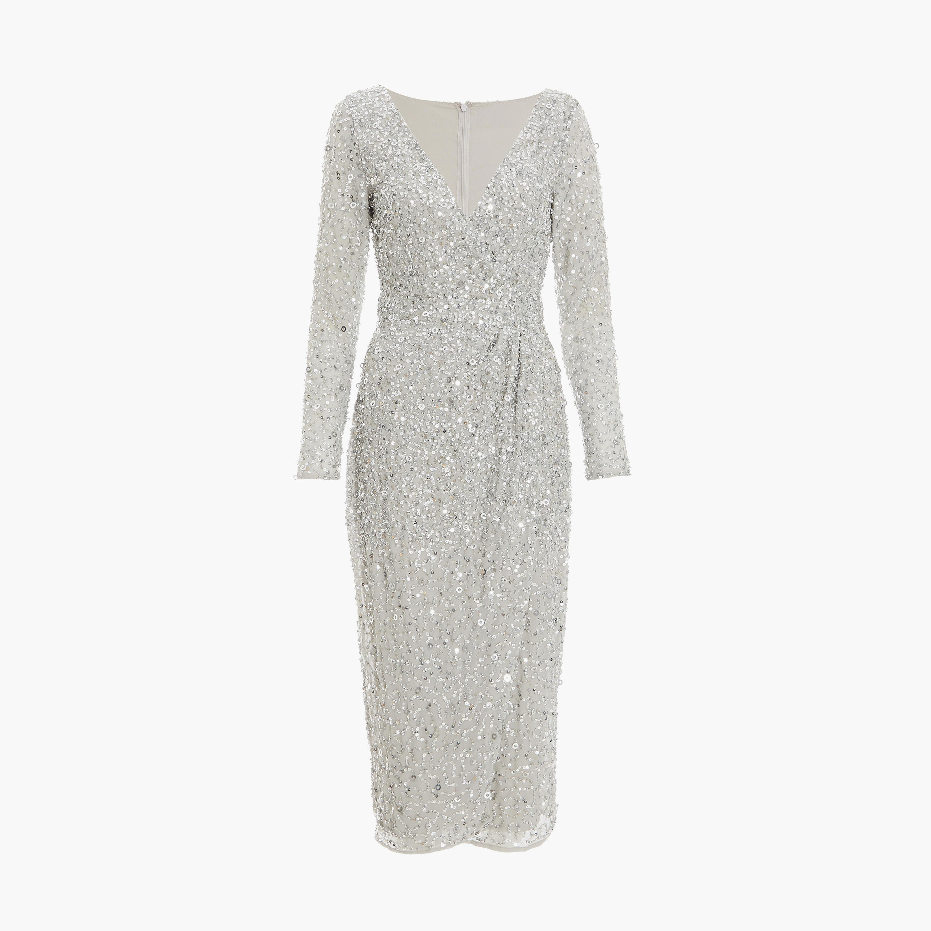 كويز-  فستان سهرة  رمادي ملفوف بأكمام طويلة من الترتر-women-clothing-dresses-image-5