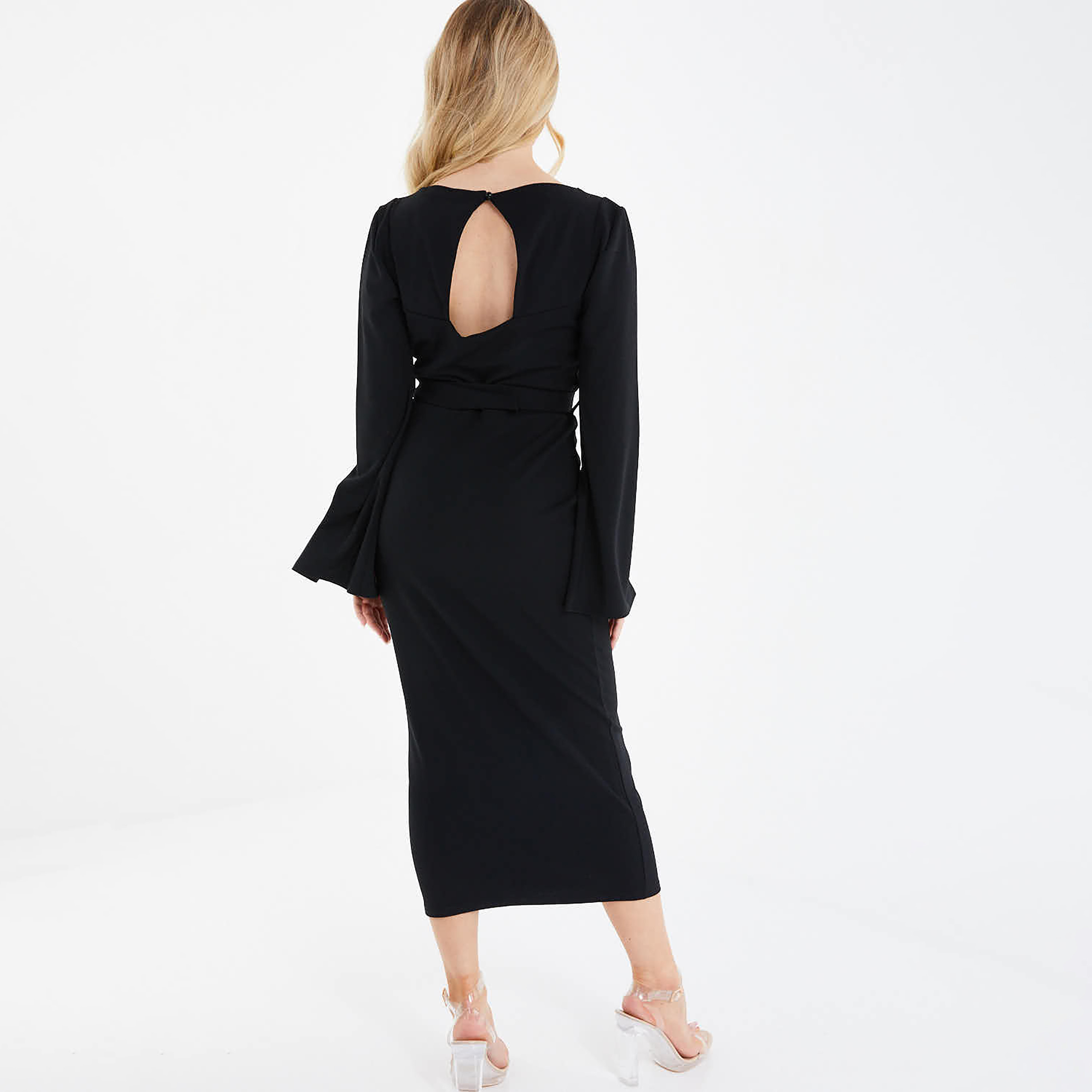 فستان متوسط الطول سادة برقبة دائرية من كويز-women-clothing-dresses-image-4