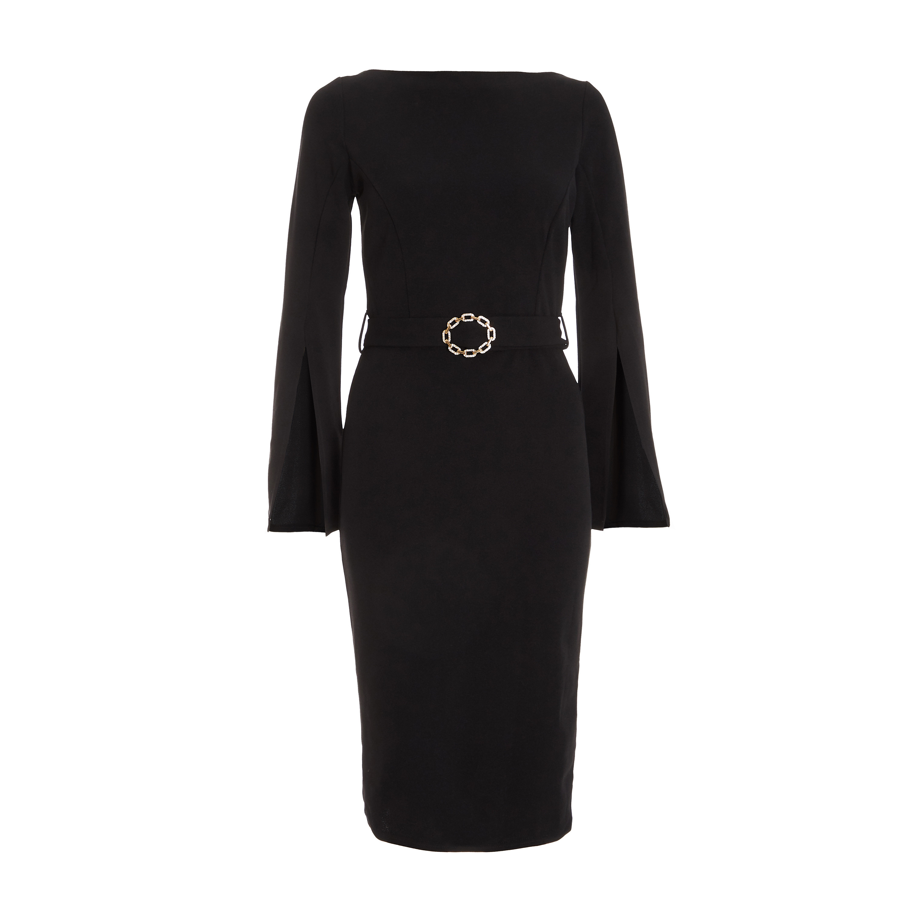 فستان متوسط الطول سادة برقبة دائرية من كويز-women-clothing-dresses-image-5