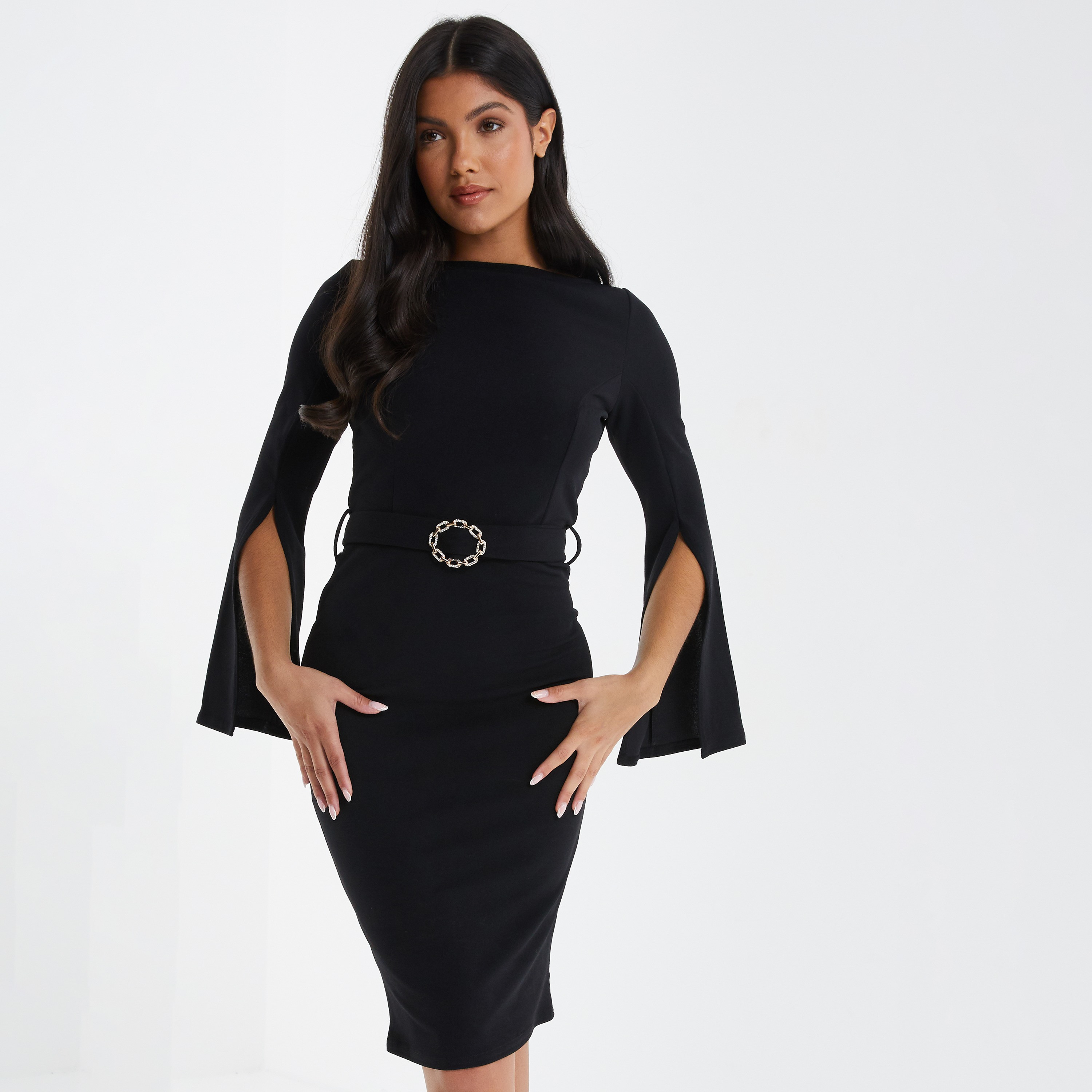 فستان متوسط الطول سادة برقبة دائرية من كويز-women-clothing-dresses-image-7