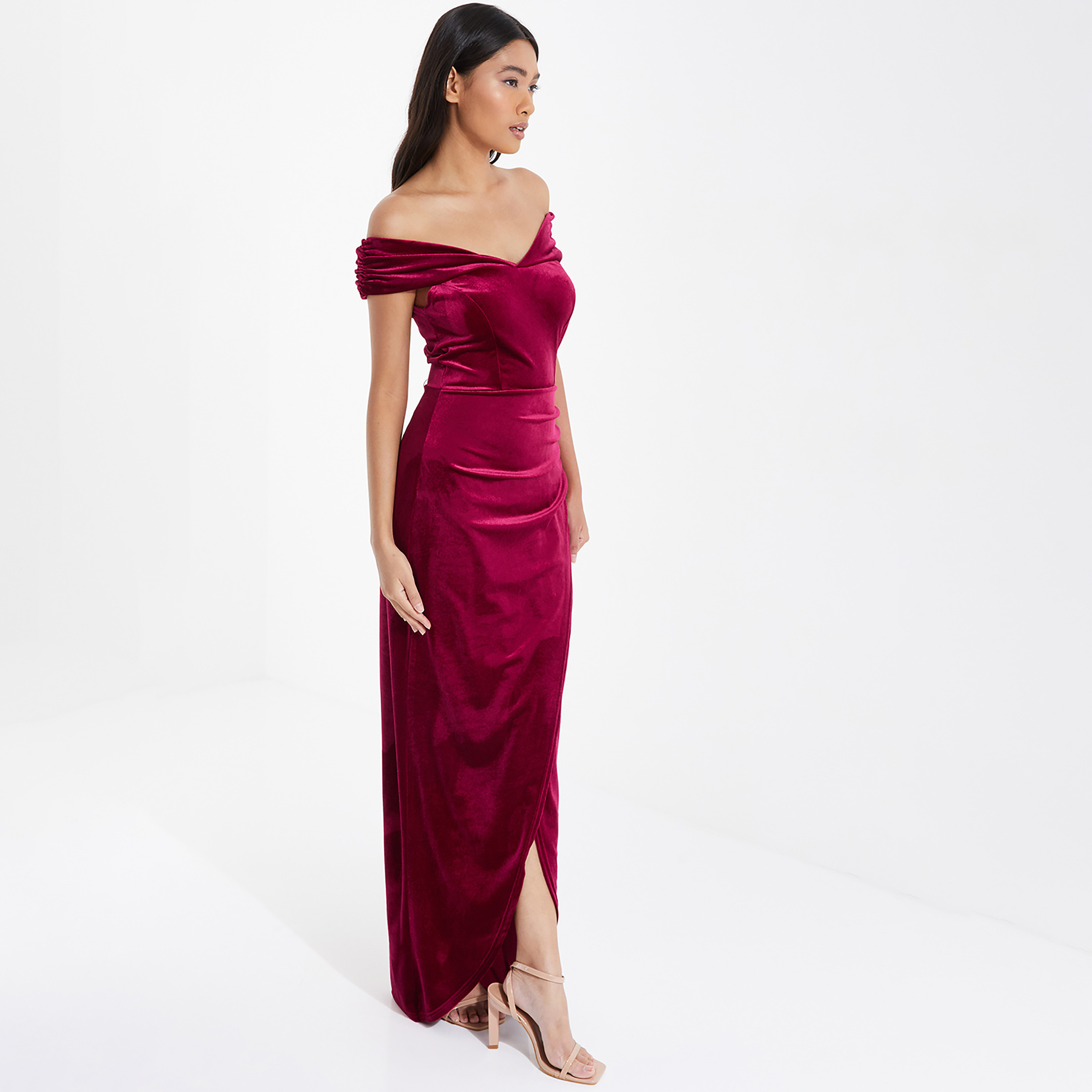 كويز - فستان ماكسي بياقة باردو أكتاف مشكوفة - سادة-women-clothing-dresses-image-2