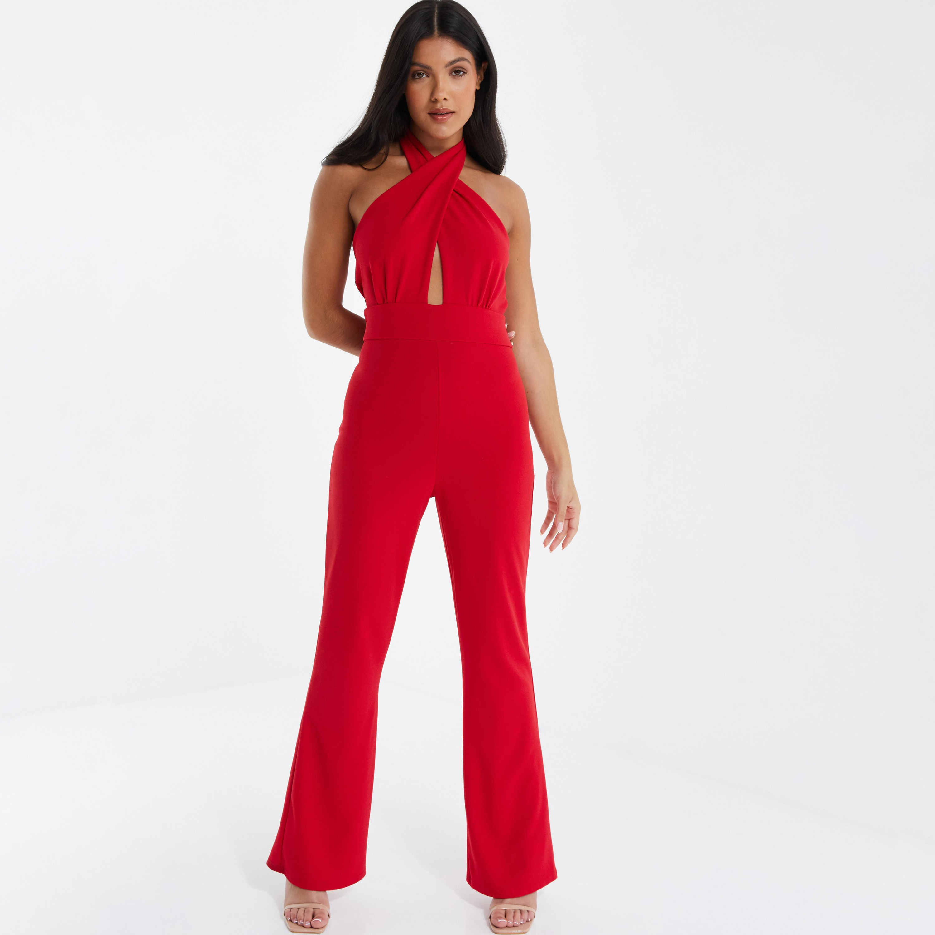 بذلة برقبة ھالتر سادة مع إغلاق بزر خلفي من كويز-women-clothing-jumpsuits-image-4