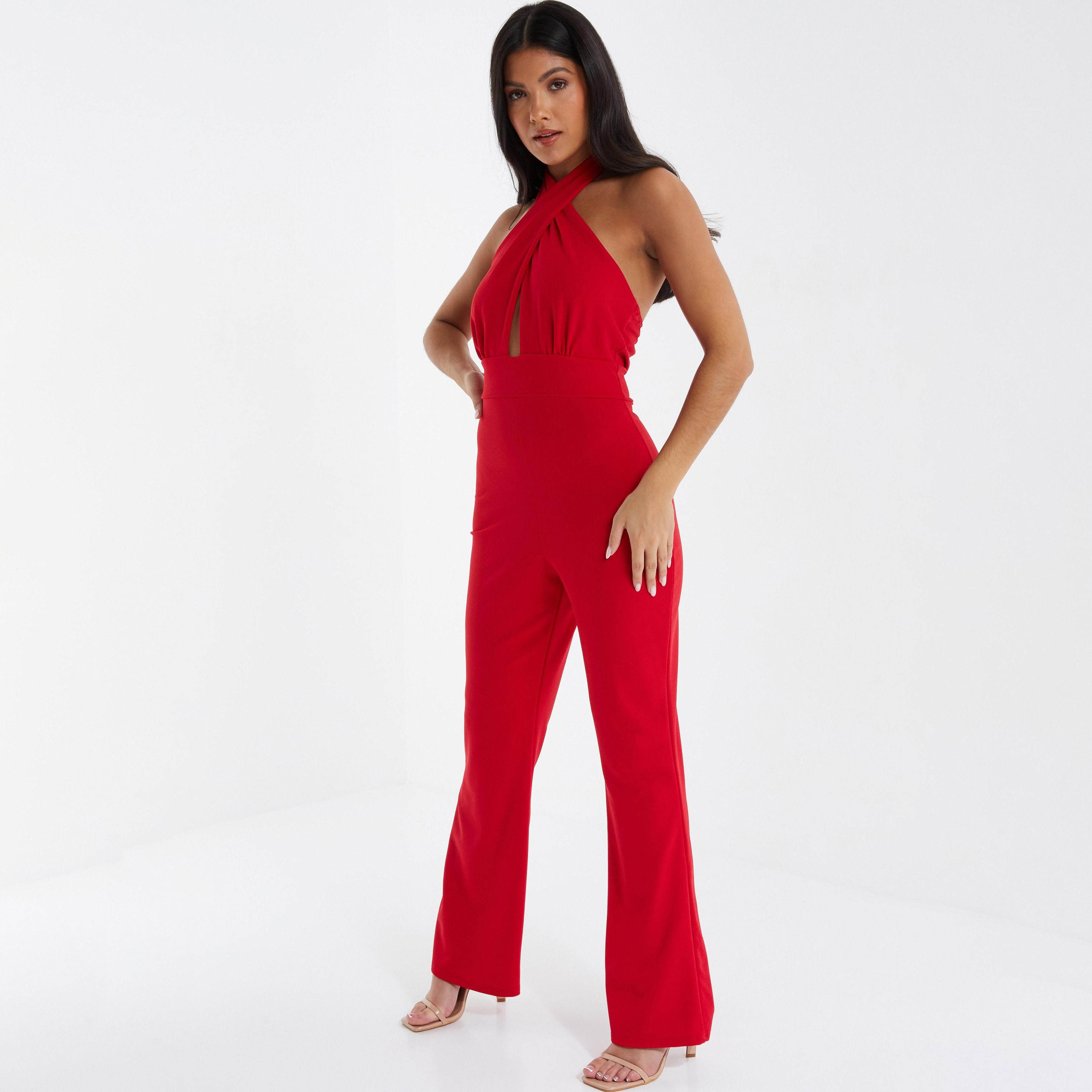 Quiz Plain Halter Neck Jumpsuits with Back Button Closure-women-clothing-jumpsuits-image-2