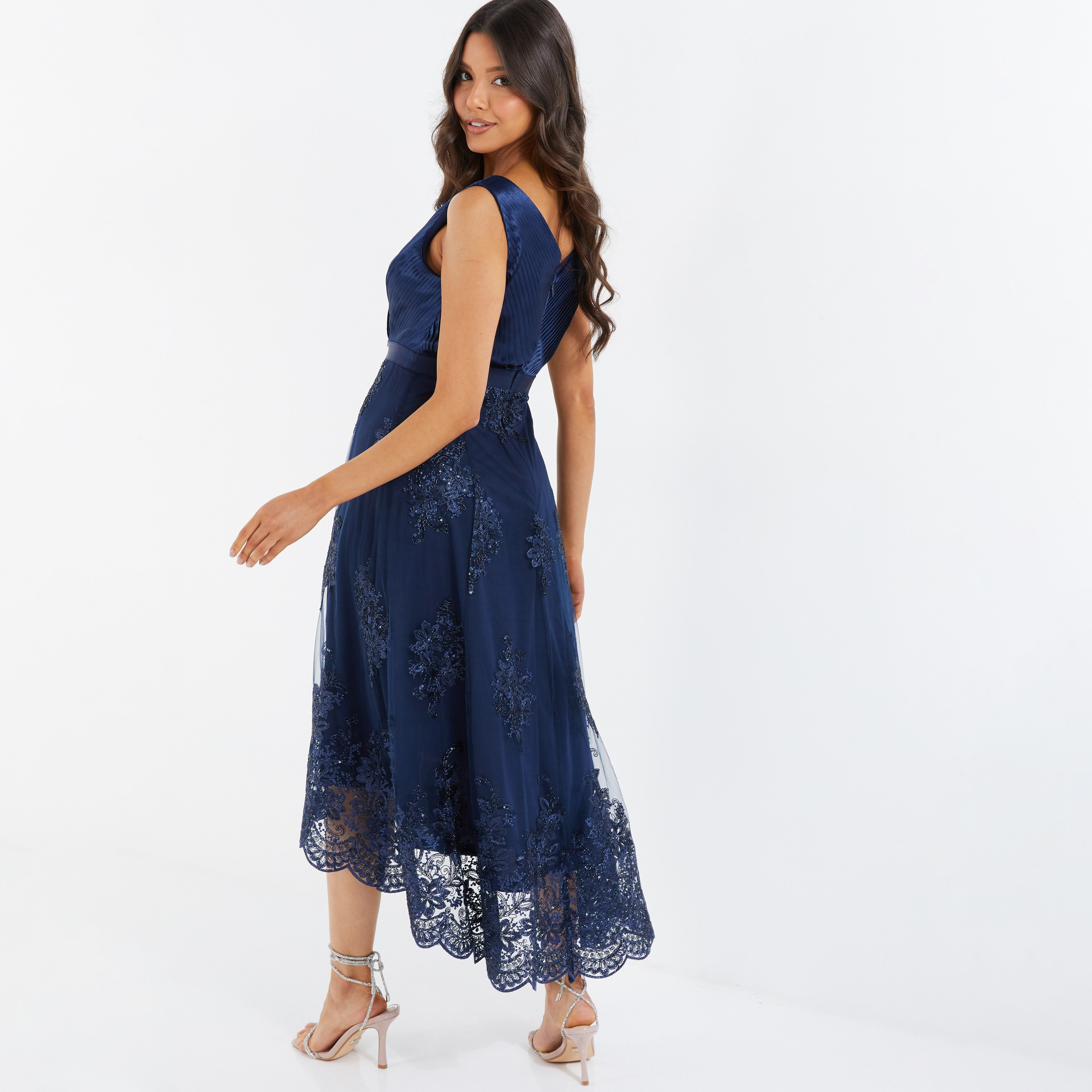 Quiz Satin Embellished V-Neck Pleated Midi Dress-women-clothing-dresses-image-2