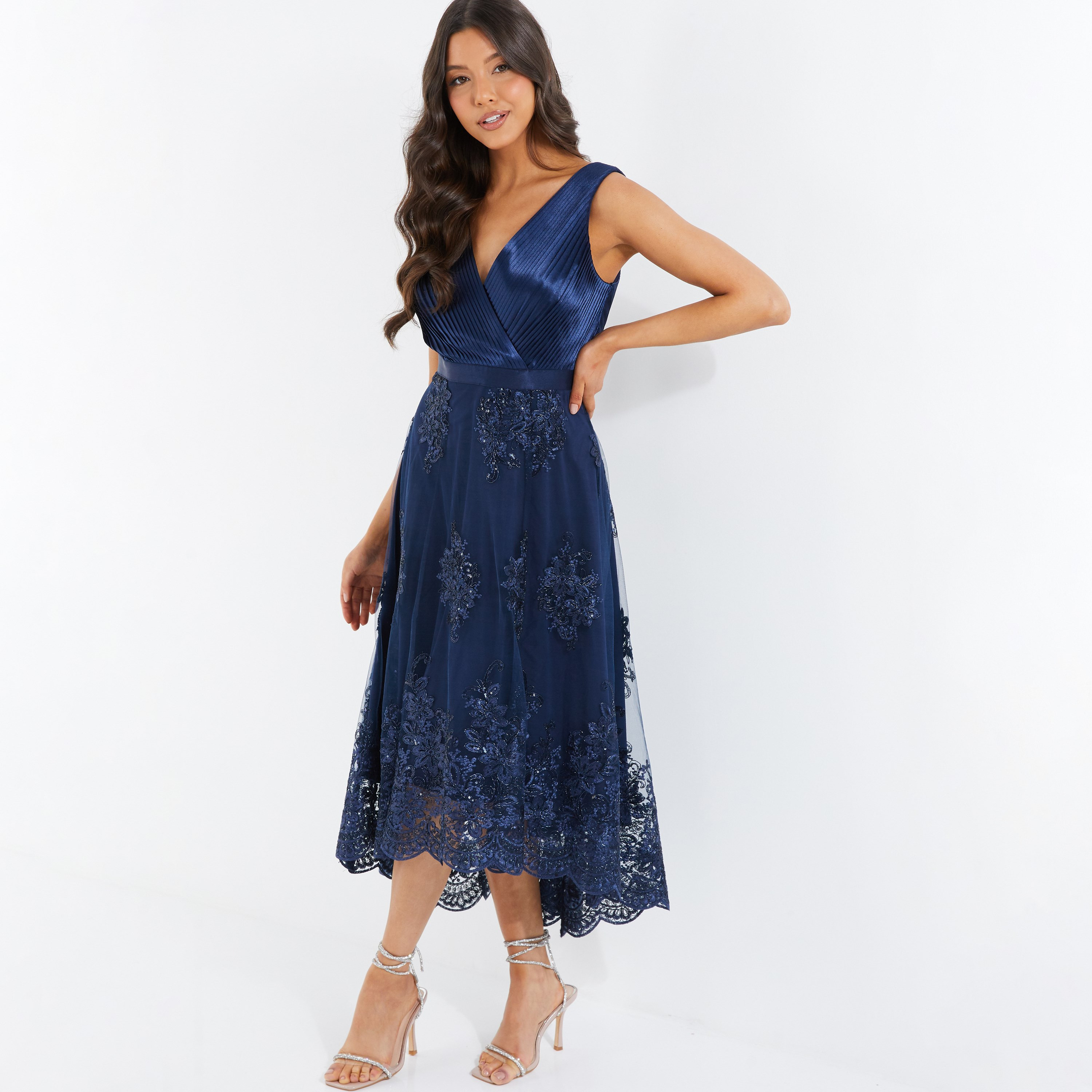 Quiz Satin Embellished V-Neck Pleated Midi Dress-women-clothing-dresses-image-3