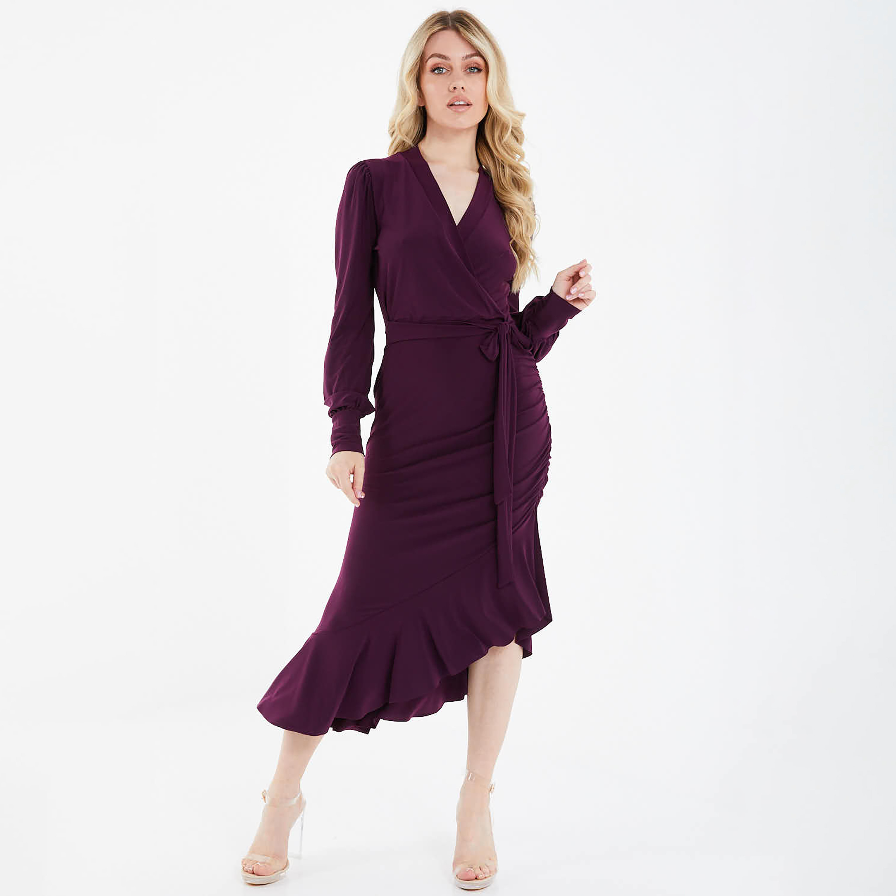 فستان متوسط الطول سادة ملفوف برقبة على شكل حرف V من كويز-women-clothing-dresses-image-1