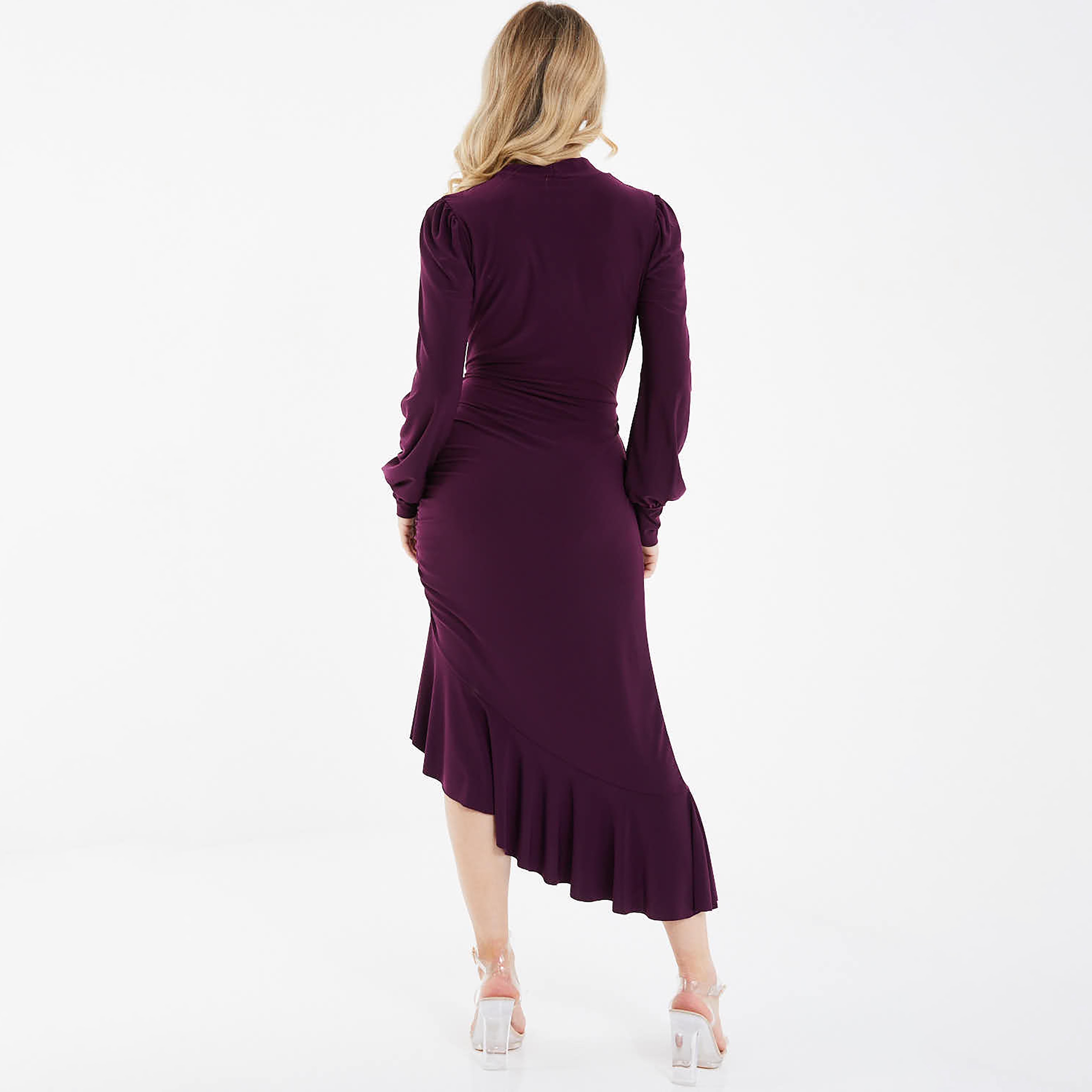 فستان متوسط الطول سادة ملفوف برقبة على شكل حرف V من كويز-women-clothing-dresses-image-4