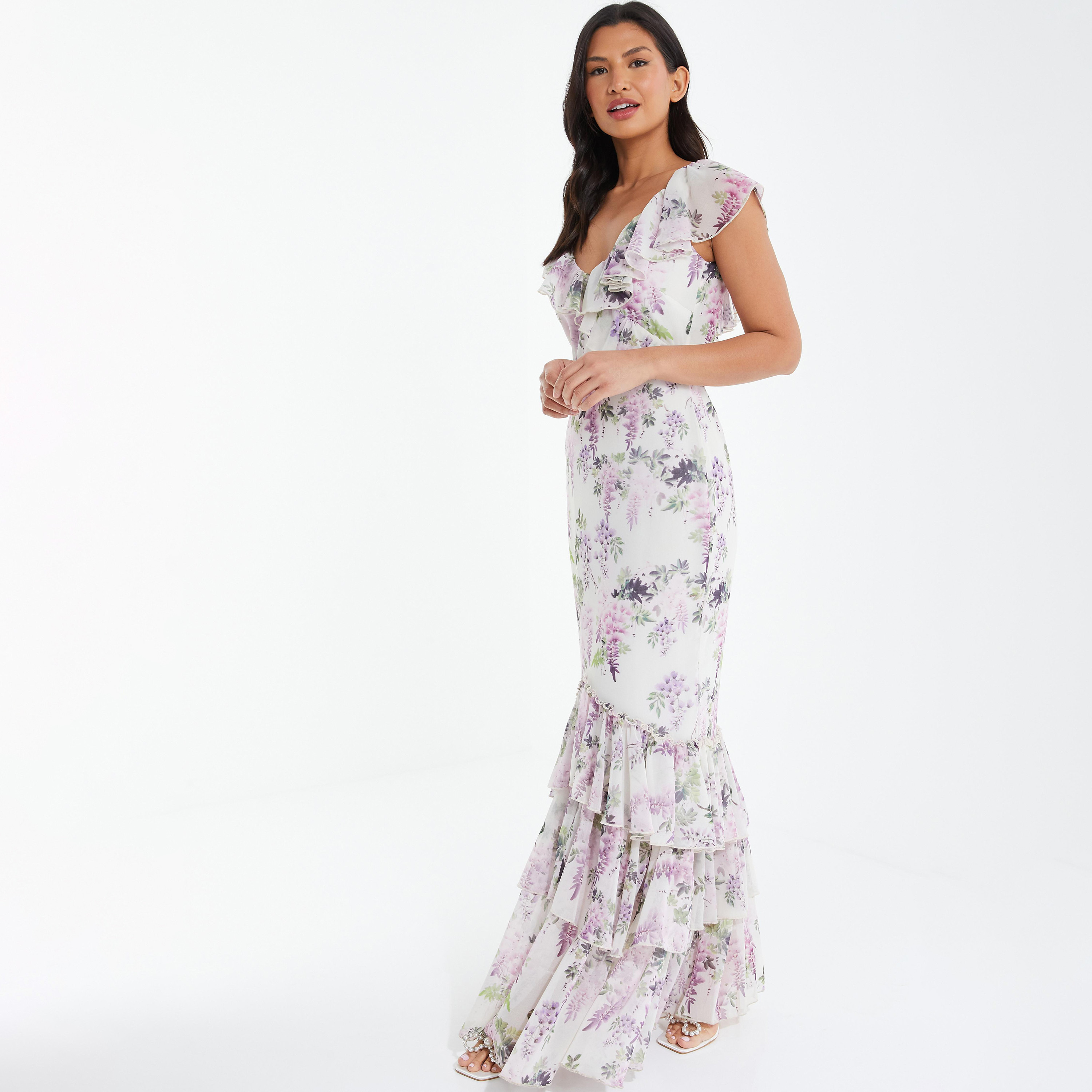  فستان ماكسي برقبة على شكل حرفV بطبعة الأزهار من كويز-women-clothing-dresses-image-1