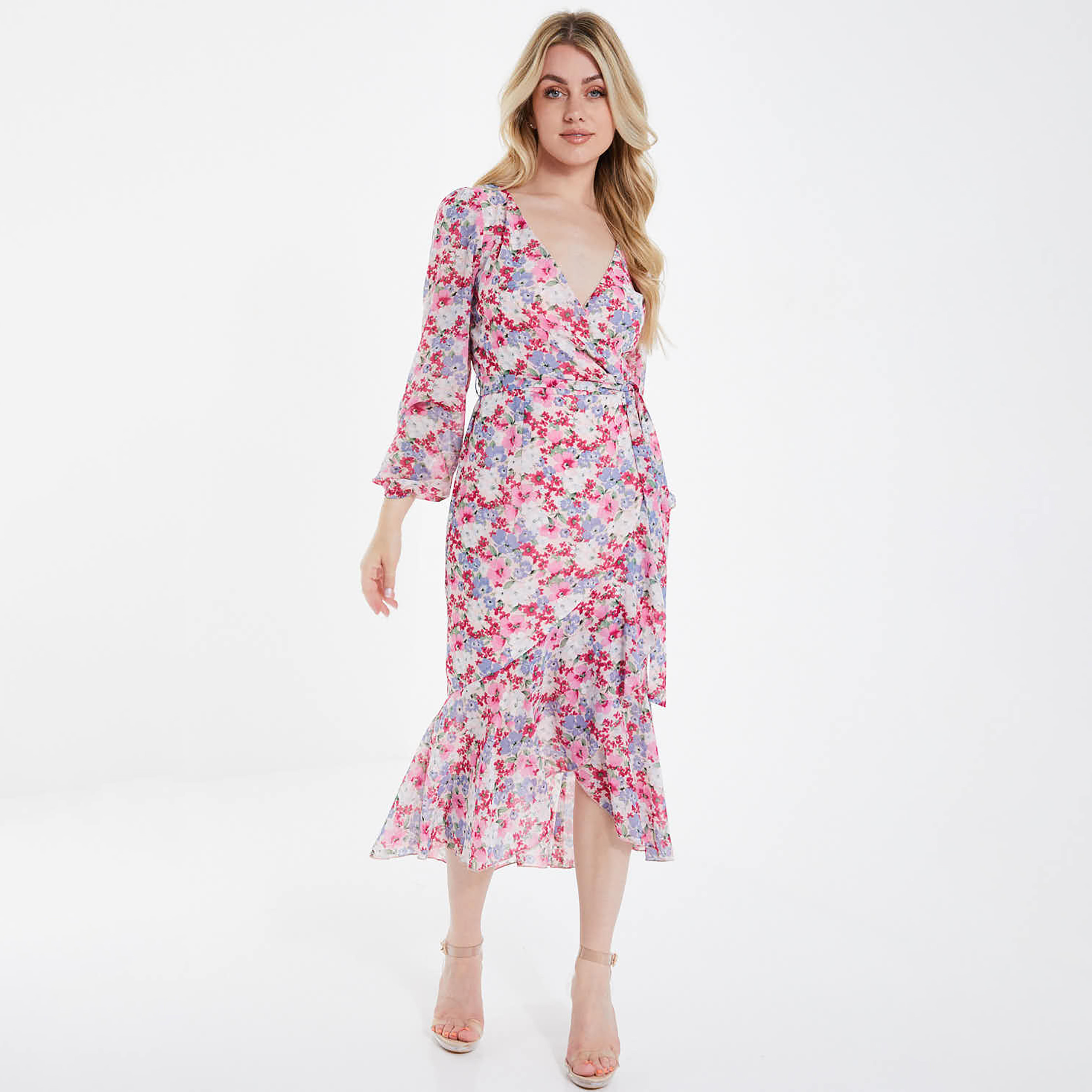 فستان متوسط الطول ملفوف مطبوعة بالزهور من كويز-women-clothing-dresses-image-1