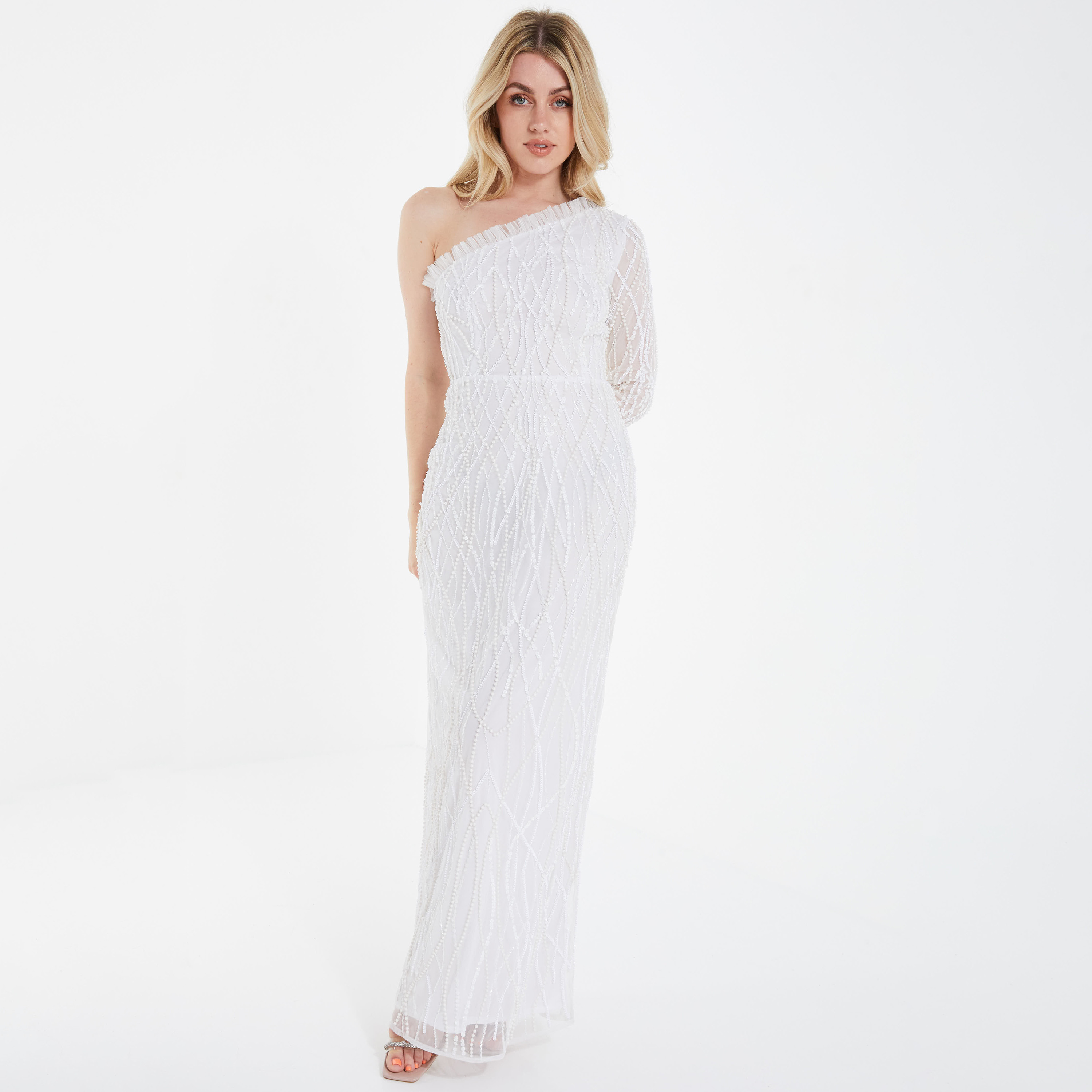 كويز - فستان ماكسي بفتحة وكتف واحد - مزين-women-clothing-dresses-image-1