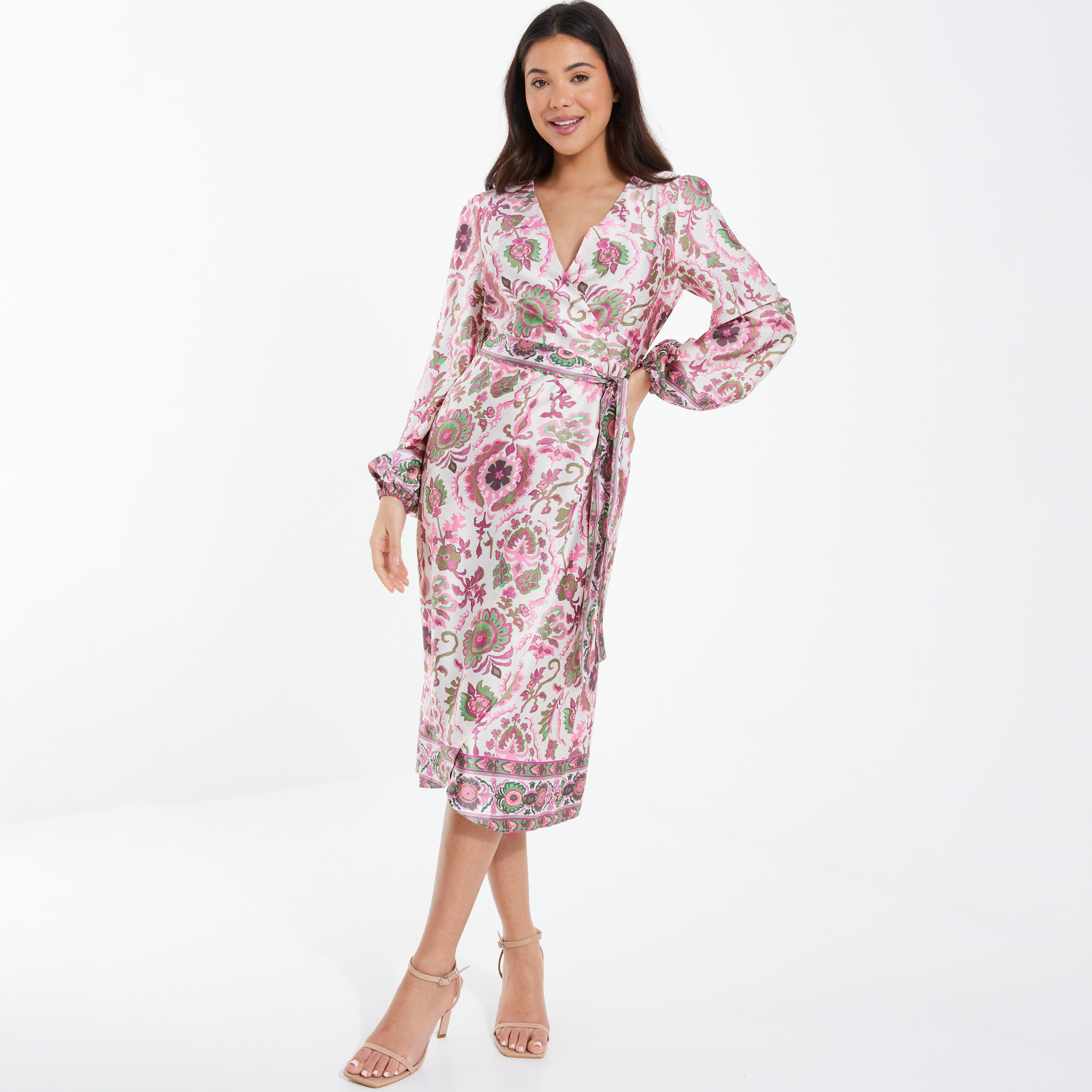 فستان بيزلي متوسط الطول ملفوف برقبة على شكل V من كويز-women-clothing-dresses-image-2
