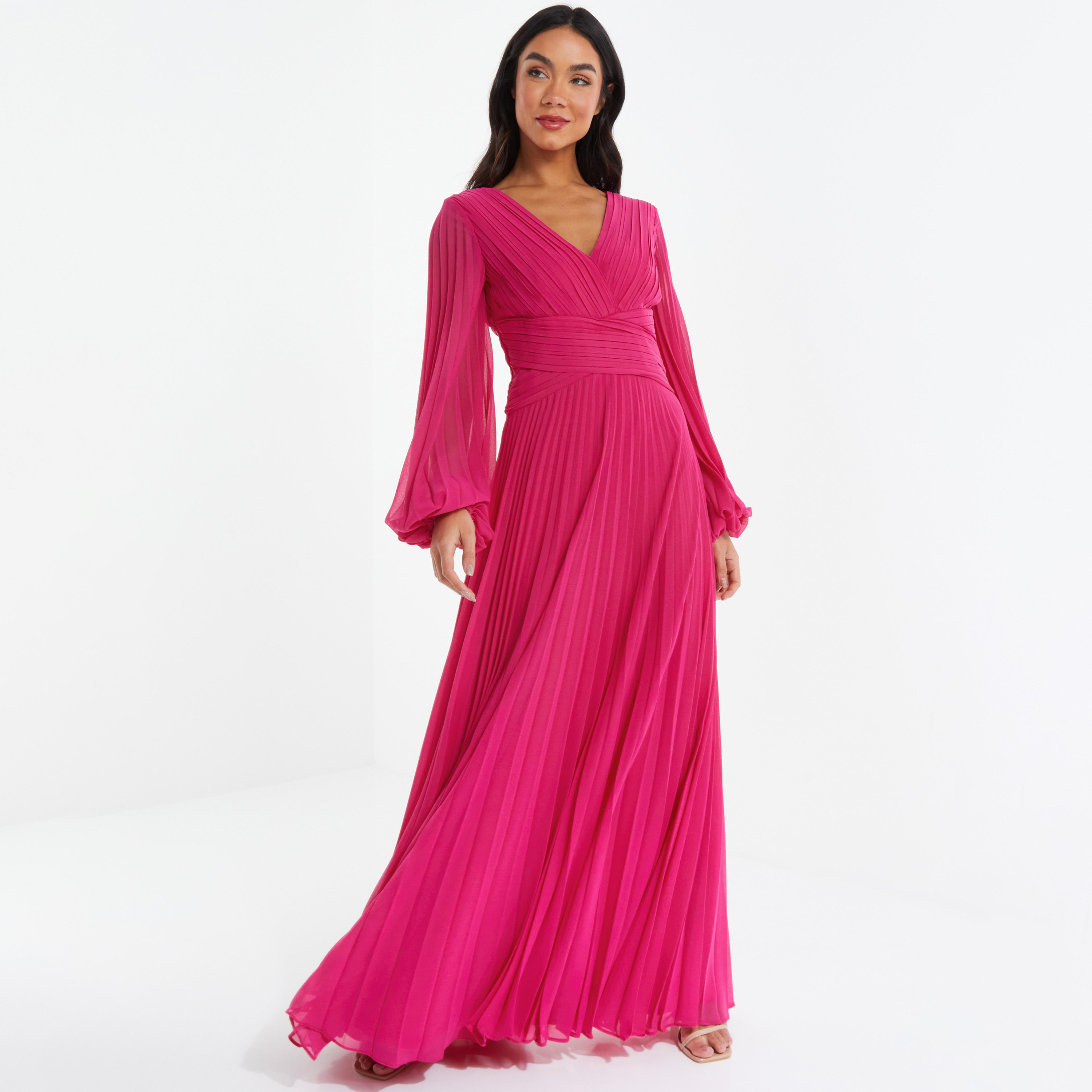  فستان ماكسي مطوي برقبة على شكل V مطويات من كويز-women-clothing-dresses-image-1