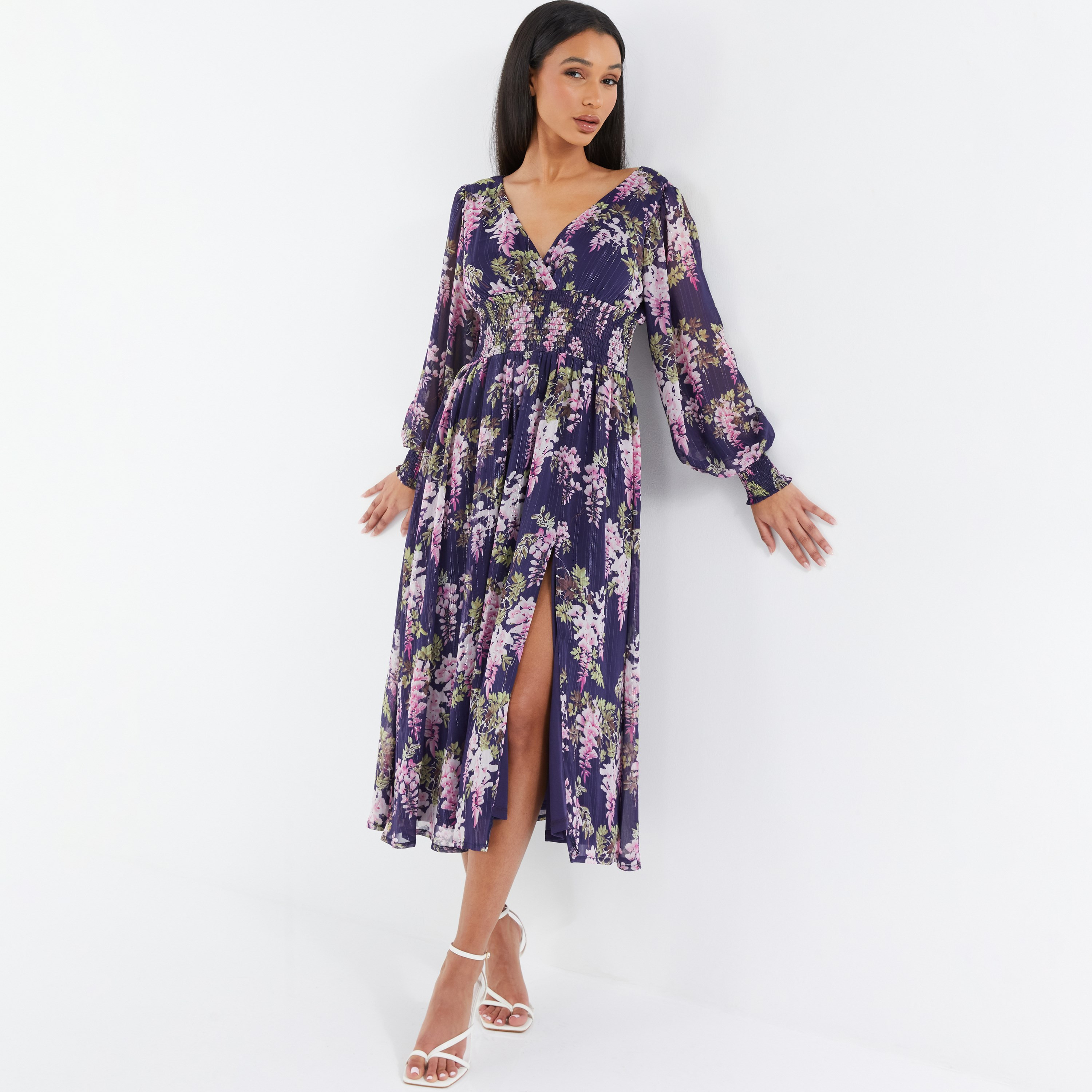 Quiz Floral V-Neck Tiered Midi Dress-women-clothing-dresses-image-1
