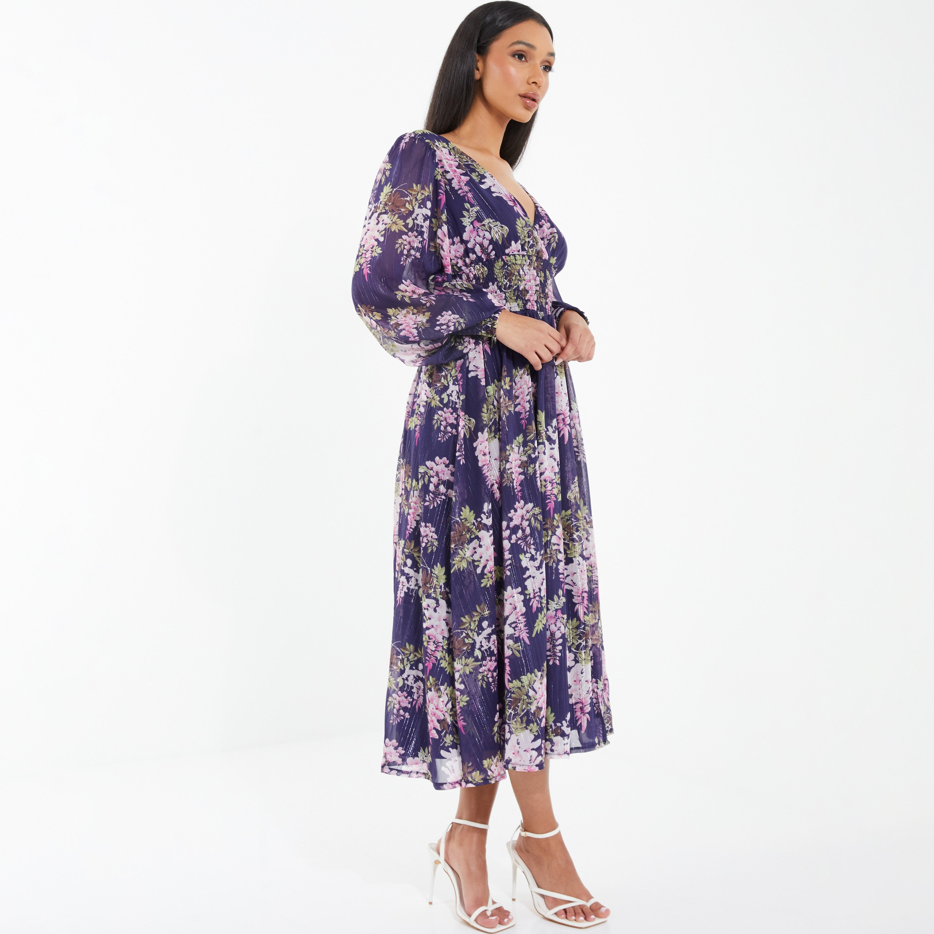 Quiz Floral V-Neck Tiered Midi Dress-women-clothing-dresses-image-2