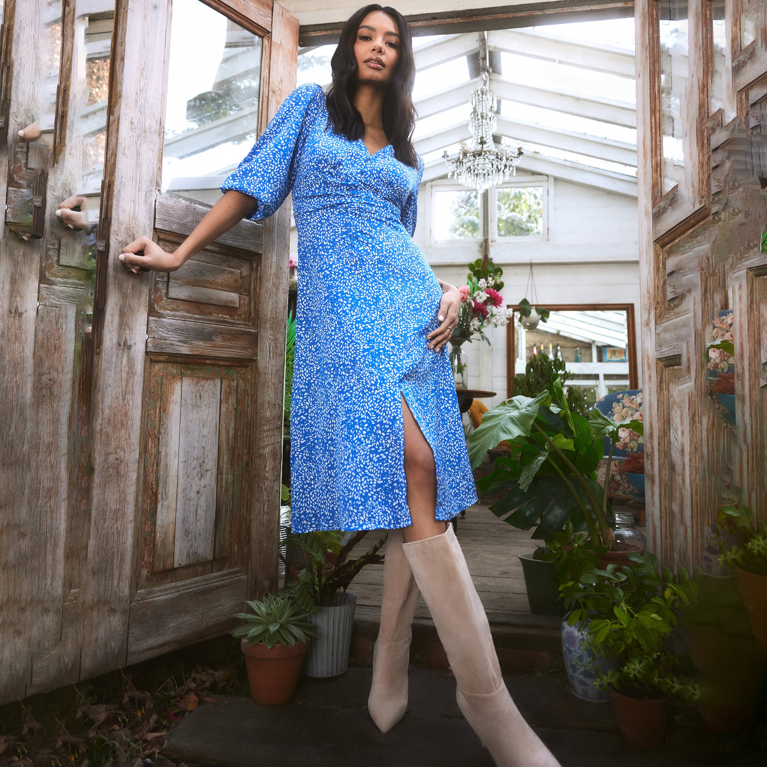 Quiz Printed V-Neck Slit Midi Dress-women-clothing-dresses-image-4