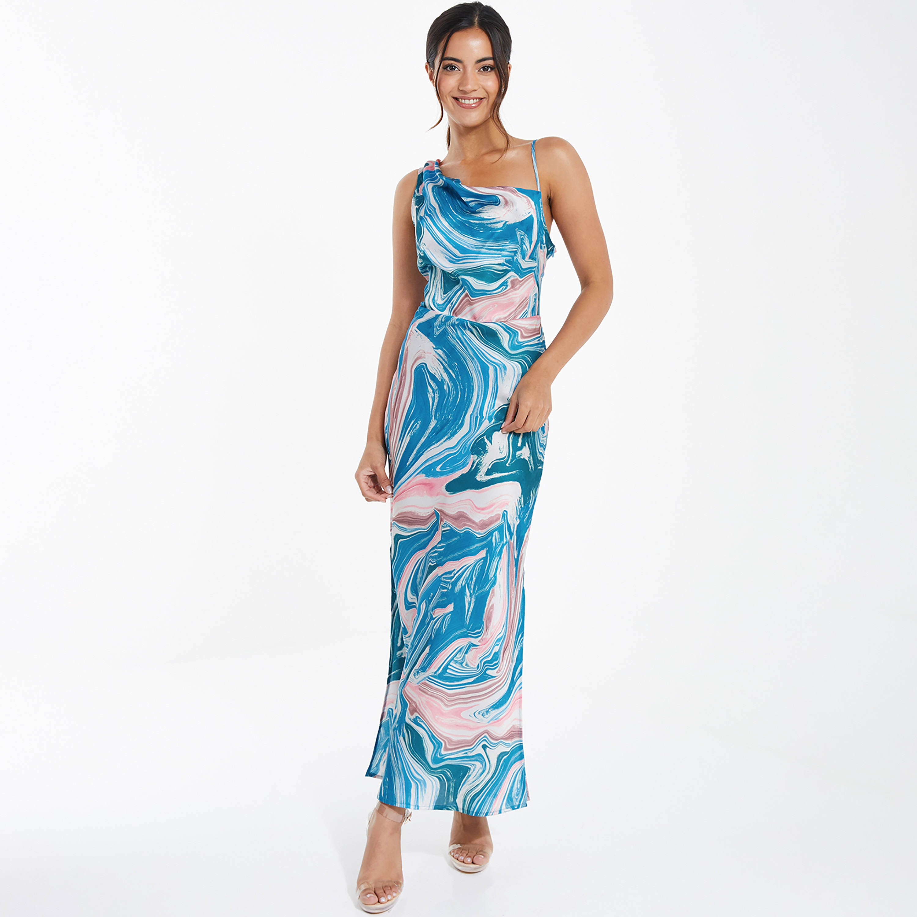 فستان مع شق جانبي متوسط الطول بكتف واحد وطبعات من كويز-women-clothing-dresses-image-1
