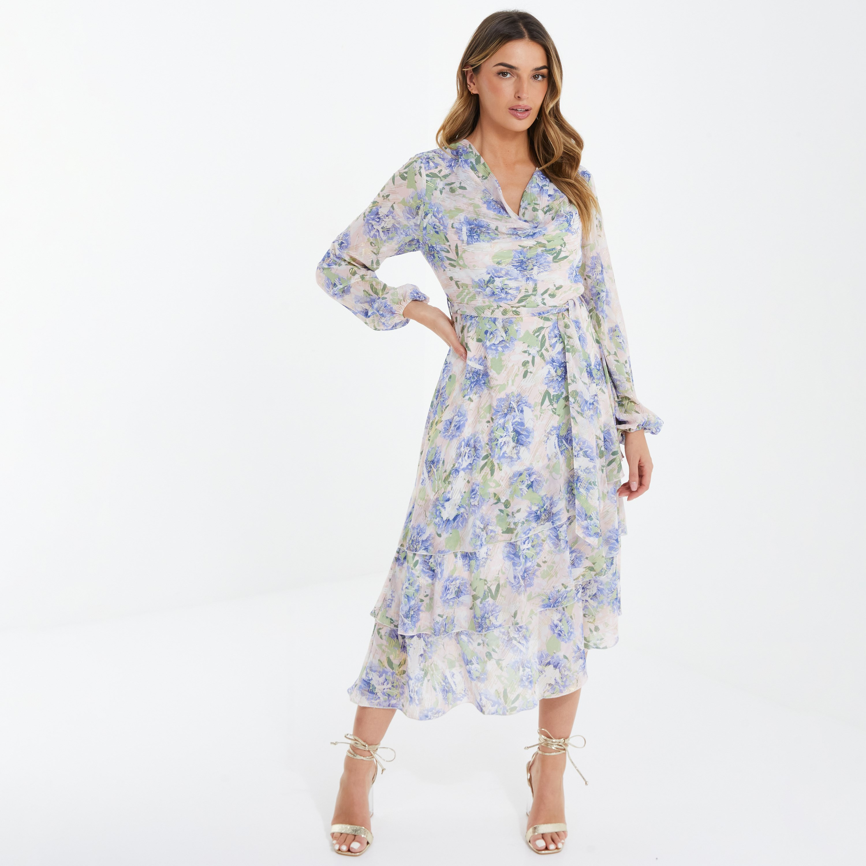 فستان متوسط الطول بياقة متدلية مزينة بالزهور من كويز-women-clothing-dresses-image-1