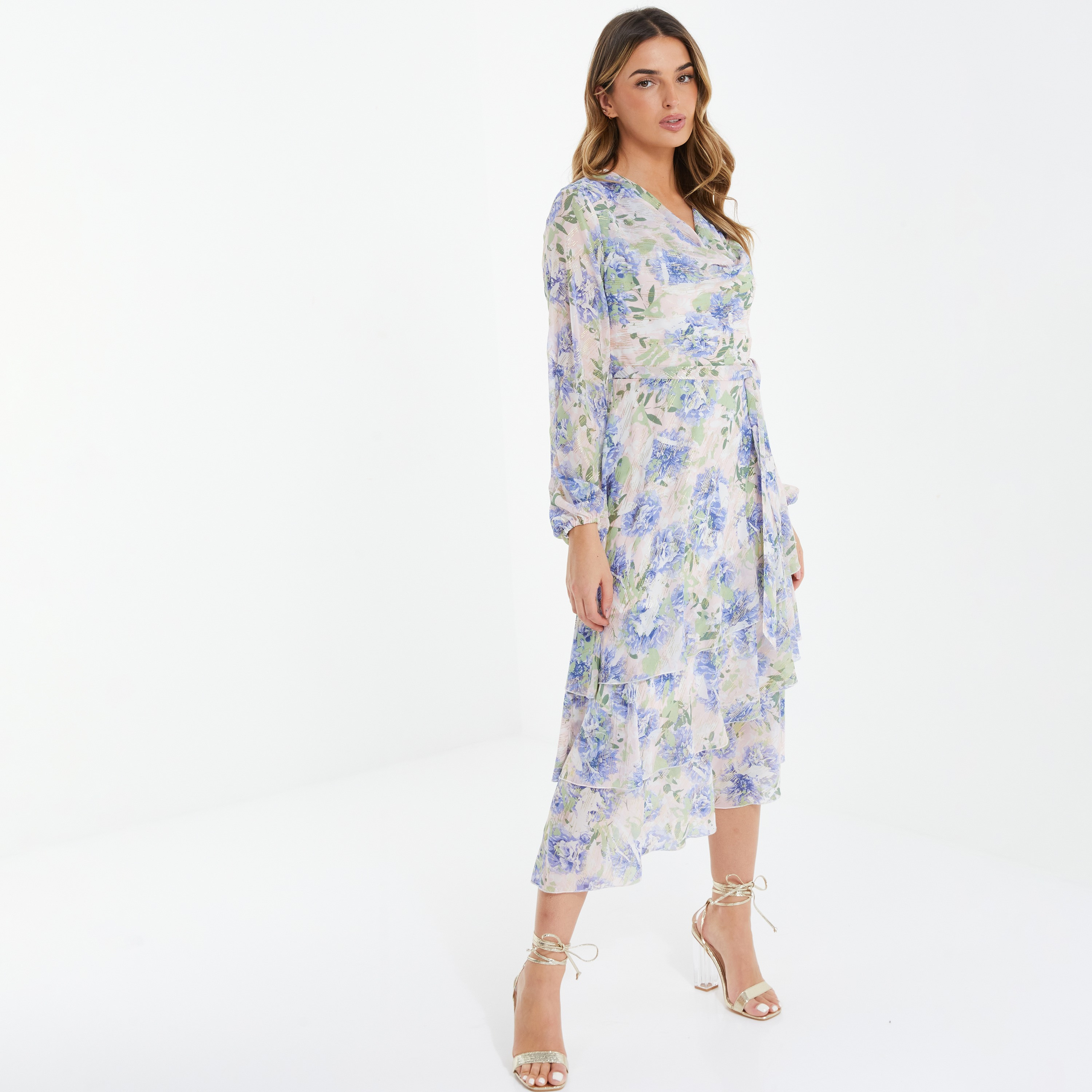 فستان متوسط الطول بياقة متدلية مزينة بالزهور من كويز-women-clothing-dresses-image-2