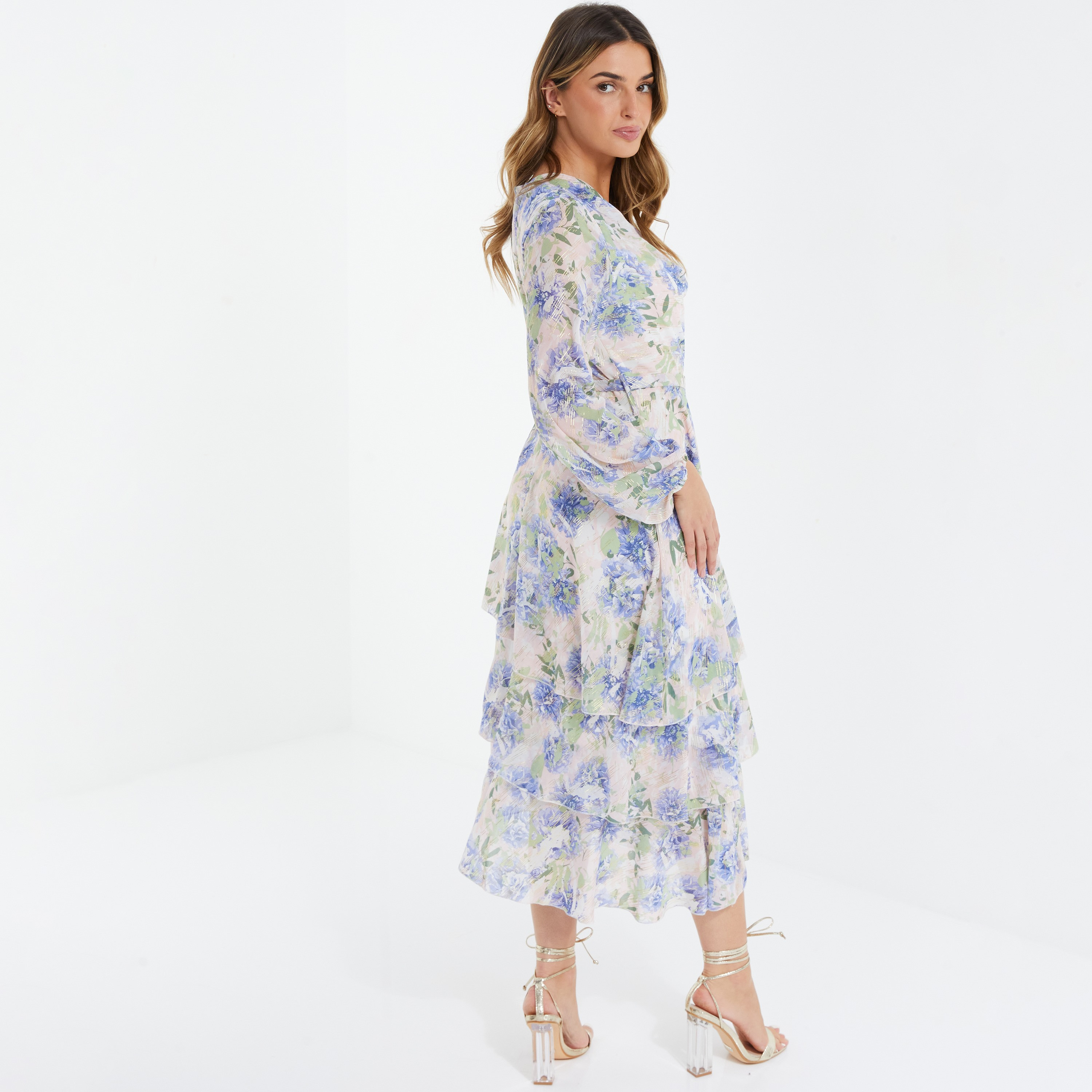 فستان متوسط الطول بياقة متدلية مزينة بالزهور من كويز-women-clothing-dresses-image-4