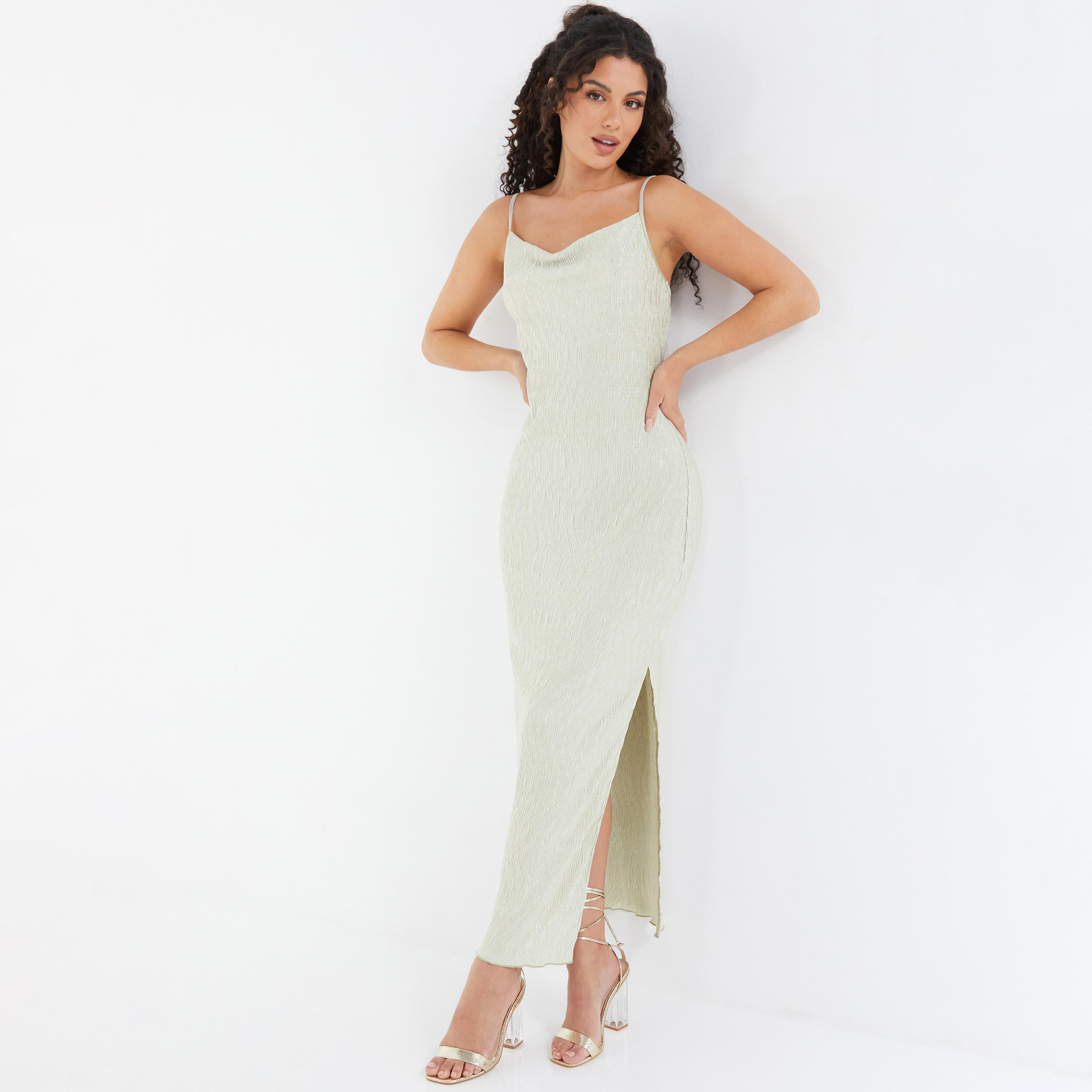 فستان ماكسي بشق بطول الركبة برقبة متدلية مزخرفة من كويز-women-clothing-dresses-image-1
