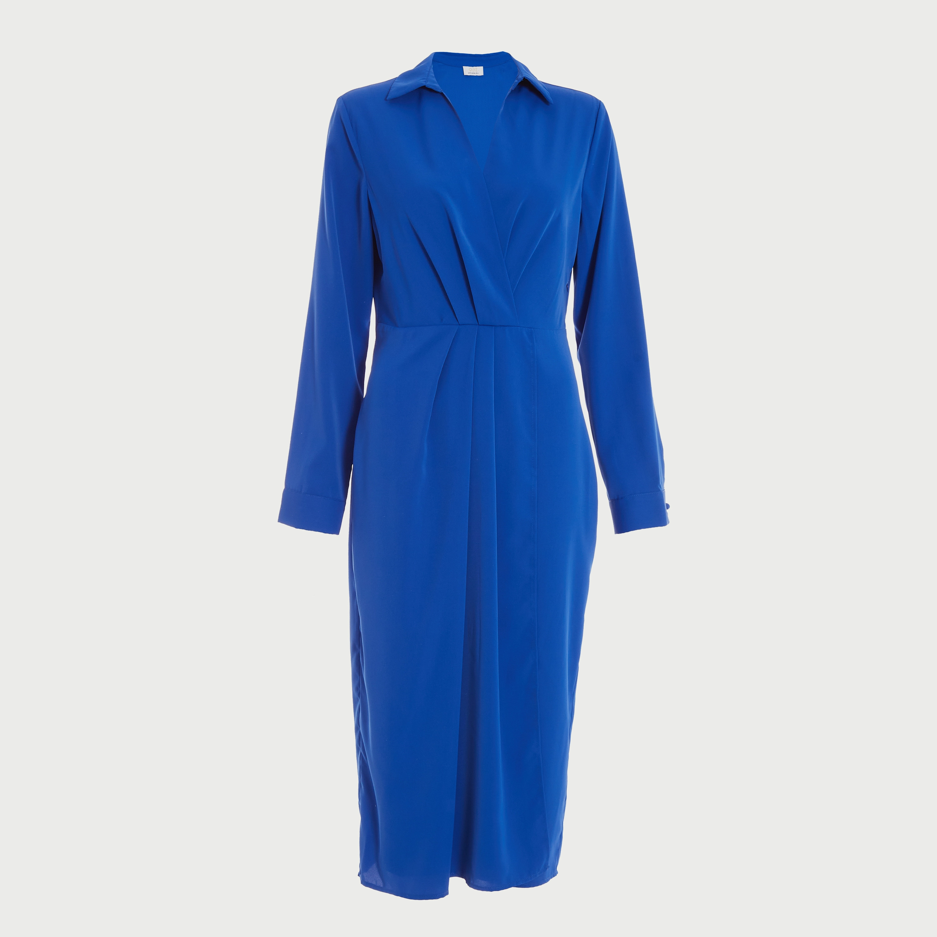 فستان سادة متوسط الطول بياقة قميص مطوية من كويز-women-clothing-dresses-image-1