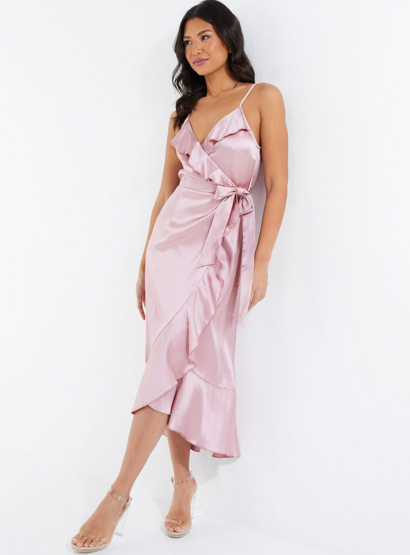 quiz satin wrap dress Brown Quiz Satin Wrap Neck Maxi Dress