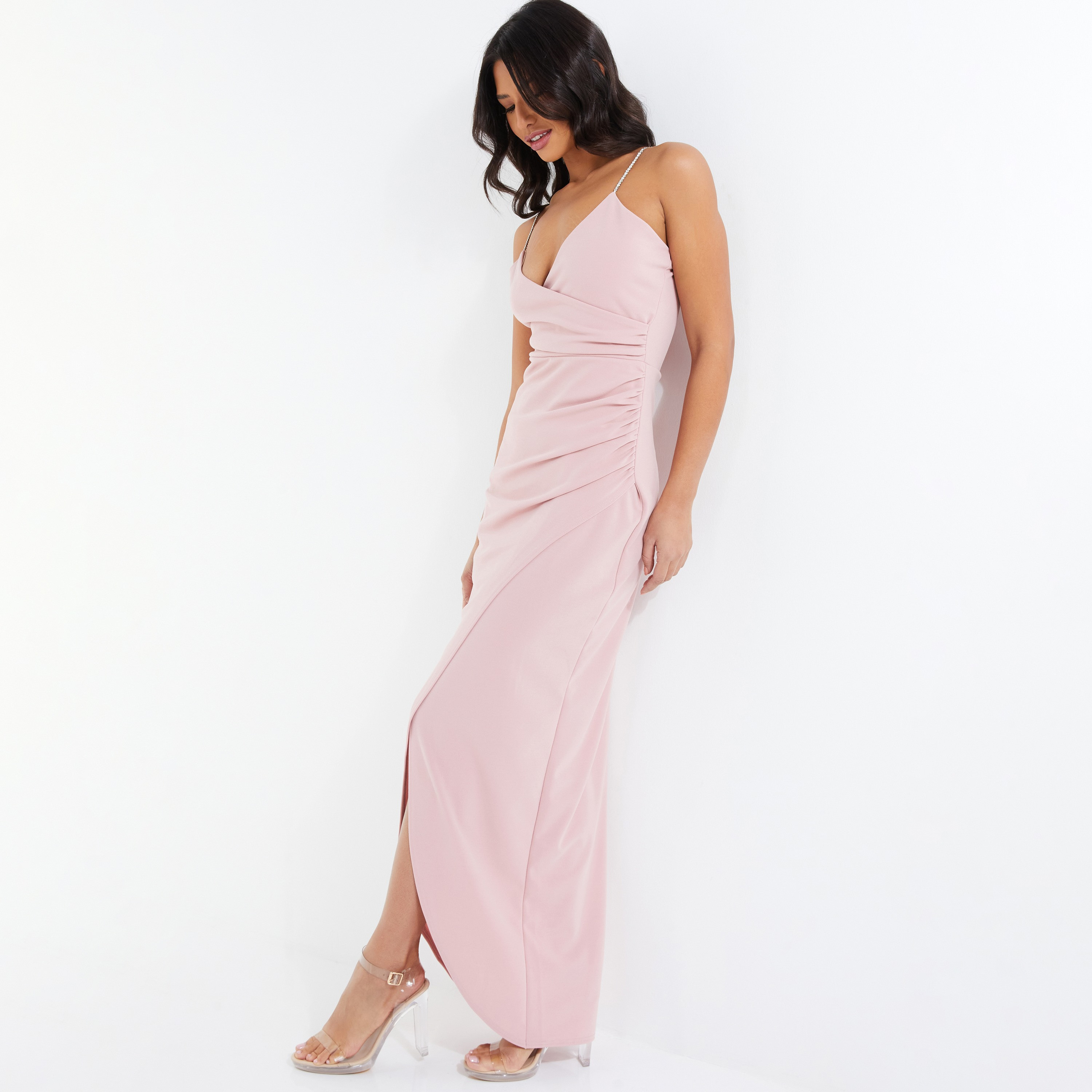 Quiz Plain Shoulder Straps Slit Maxi Dress-women-clothing-dresses-image-2