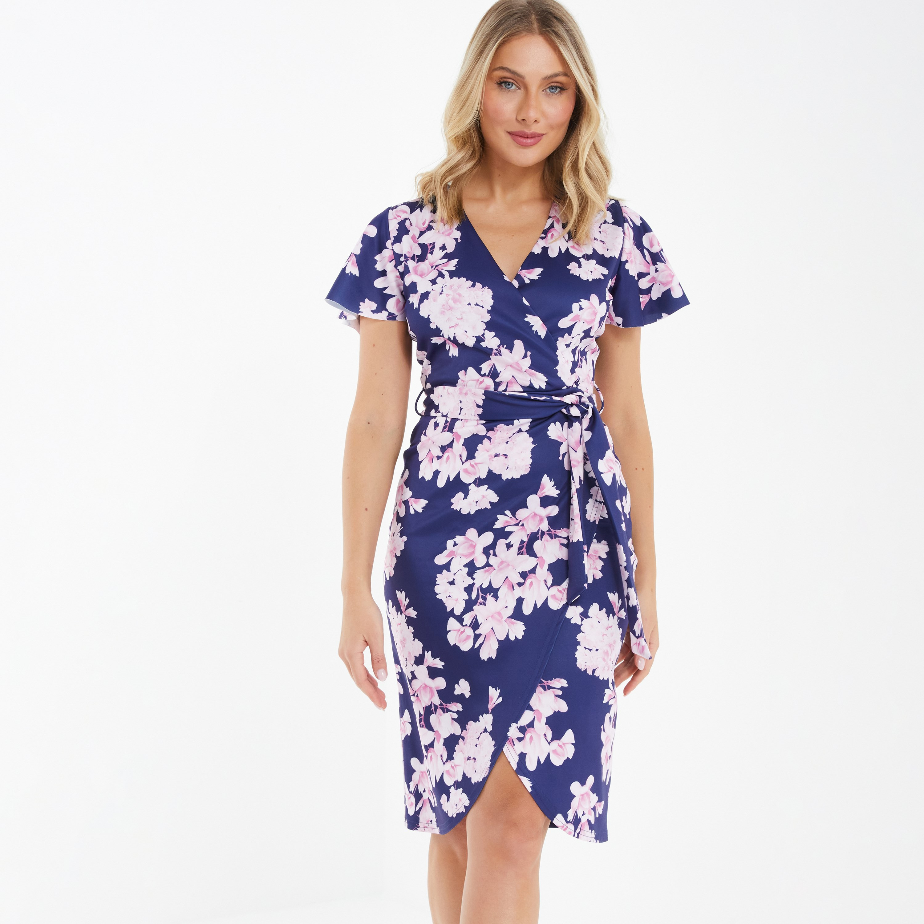 Quiz Floral V-Neck Wrap Knee Length Dress-women-clothing-dresses-image-1