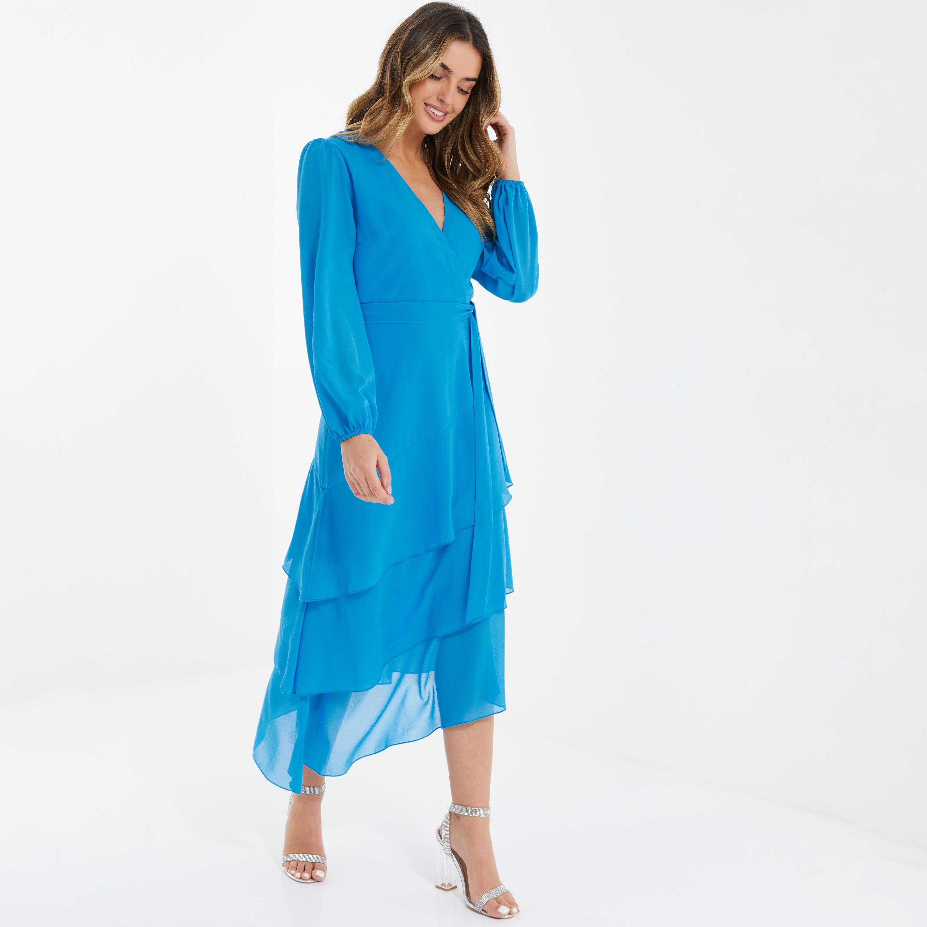 فستان متوسط الطول ملفوف بياقة علي شكل V سادة من كويز-women-clothing-dresses-image-1