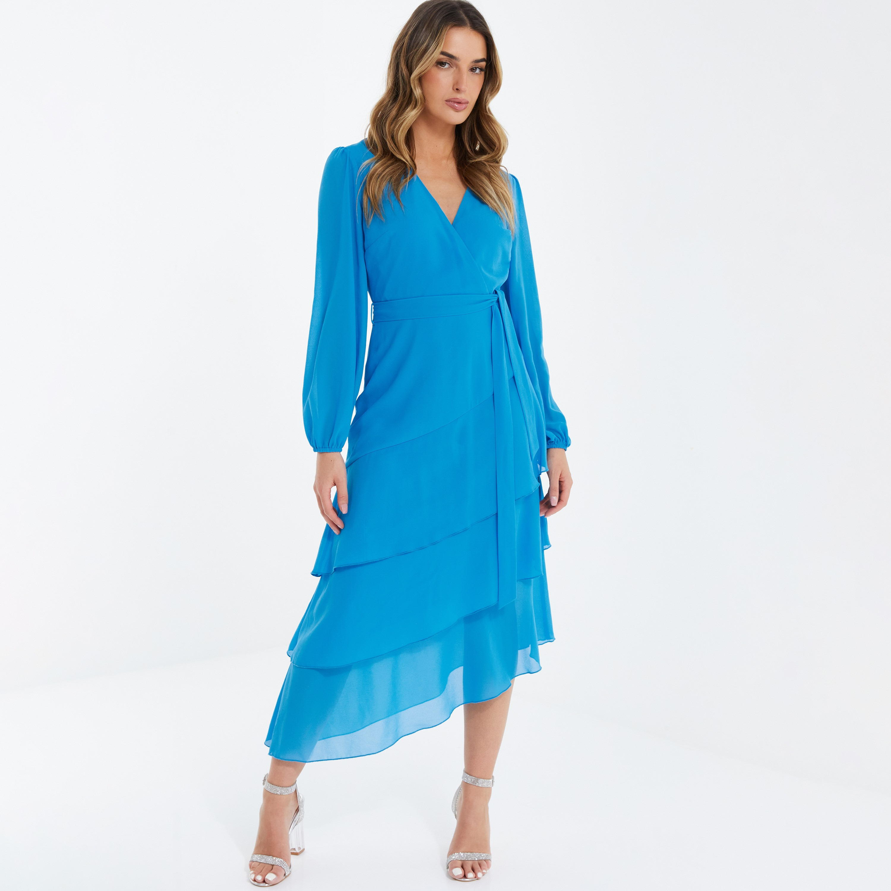 فستان متوسط الطول ملفوف بياقة علي شكل V سادة من كويز-women-clothing-dresses-image-2