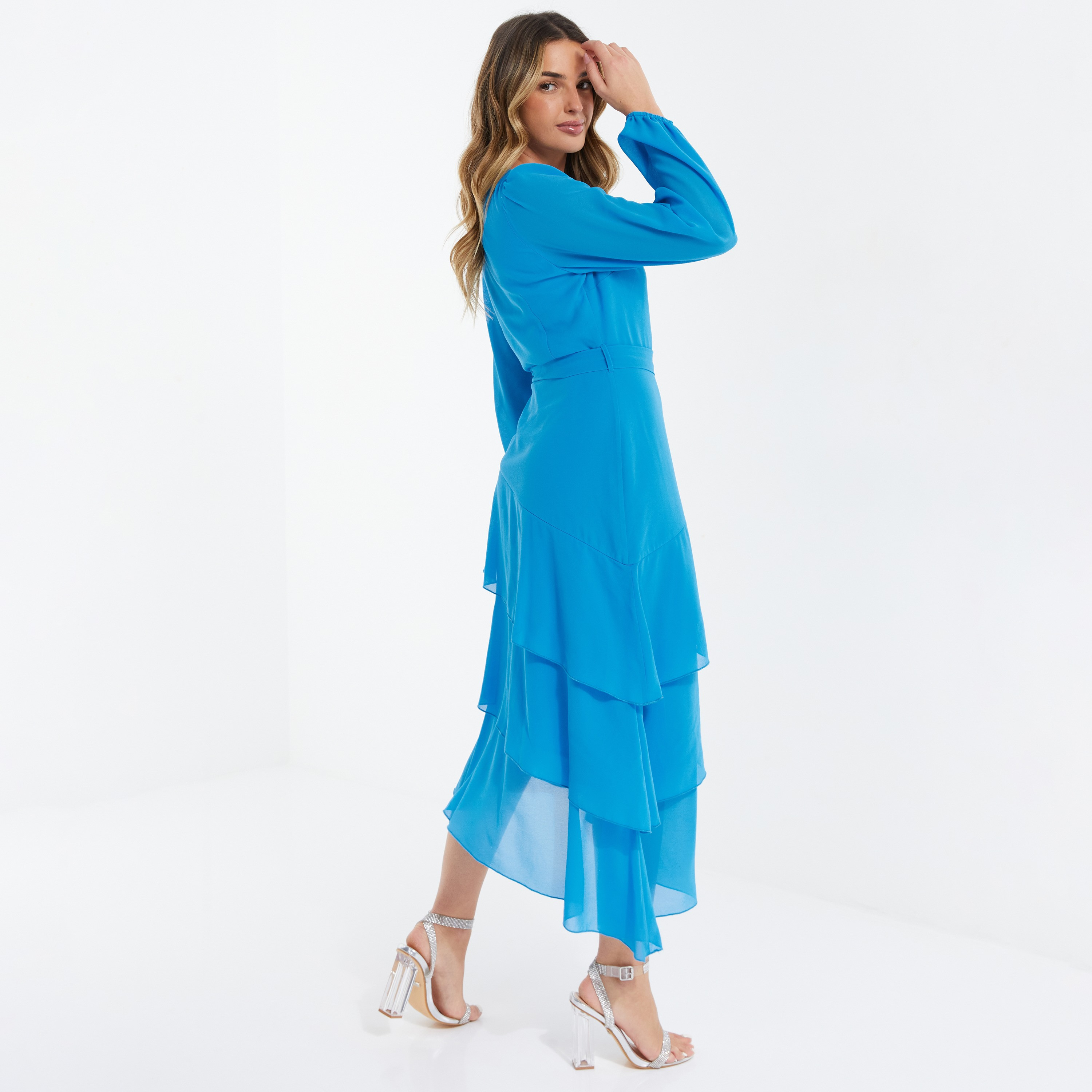 فستان متوسط الطول ملفوف بياقة علي شكل V سادة من كويز-women-clothing-dresses-image-4