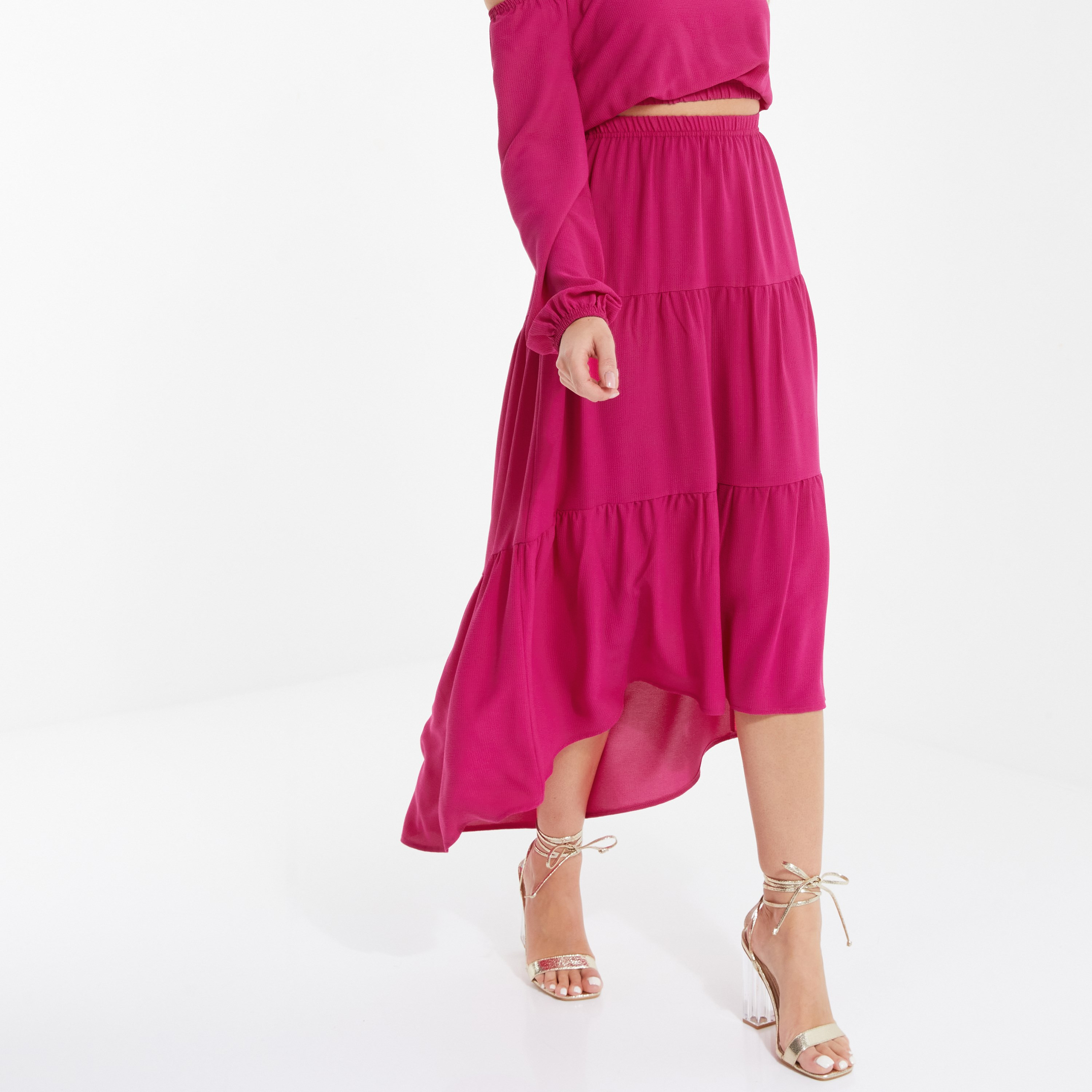 تنورة متوسط الطول سادة بطبقات متدرجة من كويز-women-clothing-bottoms-skirts-image-1